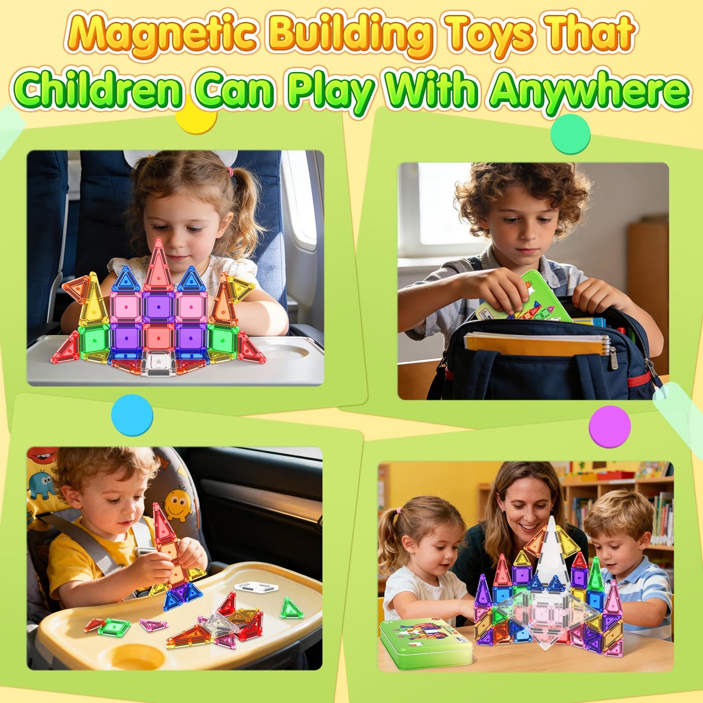 65PCS Mini Travel Magnetic Tiles with Case Set Toddler Essentials Toys, Magnetic Building Blocks Kids Games Sensory Montessori Education Learning Toys for 3+ Year Old Boys Girls Birthday Gifts