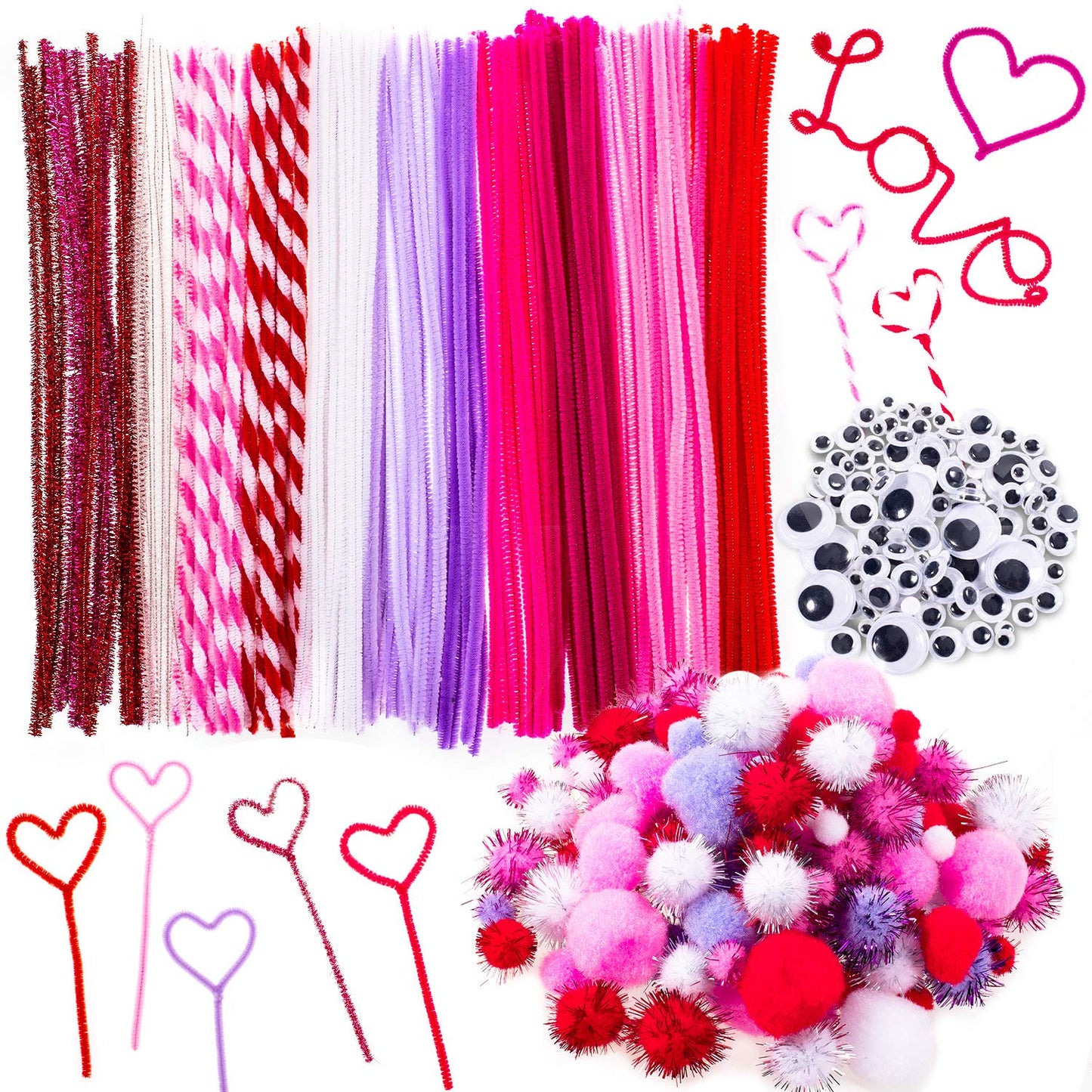 Whaline 500Pcs Valentine Pipe Cleaners Set, Including 160Pcs Craft Chenille Stems, 180Pcs Multi Sized Wiggle Eyes and 160Pcs Multi Sized Pompoms for Valentine Craft Party DIY Art Supplies
