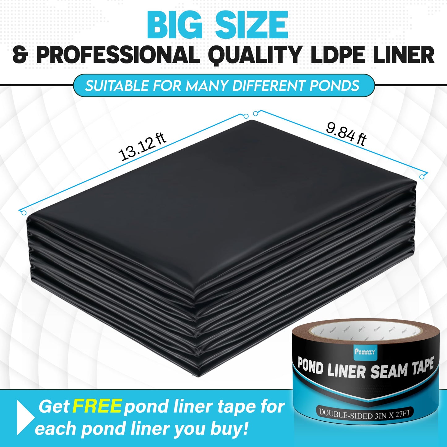 PAMAZY [Premium] 45 Mil LDPE Pond Liner with Seam Tape, Pond Lining for Fish Pond, Performed Garden Ponds, Large Pond Liner for Fishpond, Koi Pond, Waterfall, Streams (9.8 x 13.1FT)