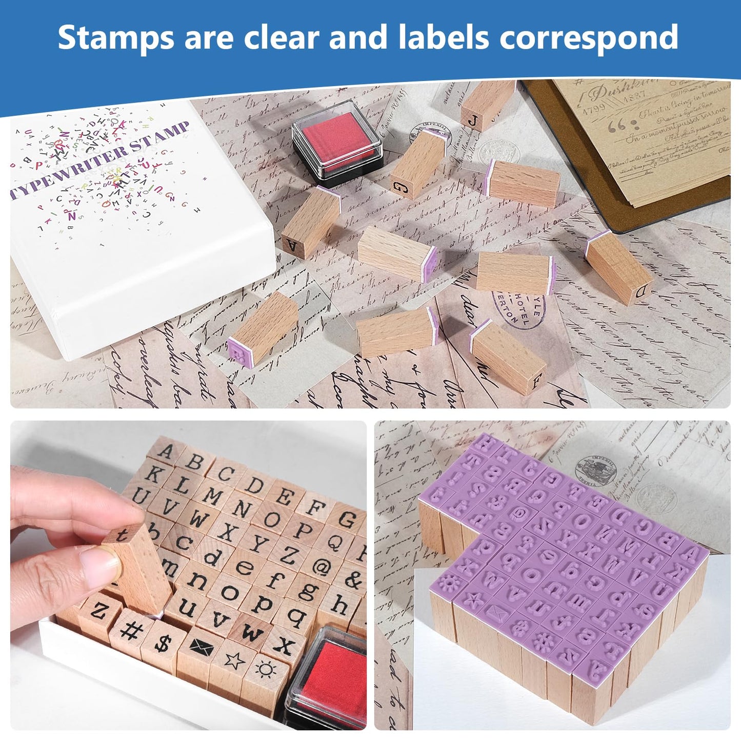CraftyManor 61 PCS Small Letter Stamps and Ink Pad for Crafting, Clay Alphabet Wooden Rubber Stamp Kit, DIY Craft Scrapbook Supplies for Card Making (Small-63PCS)