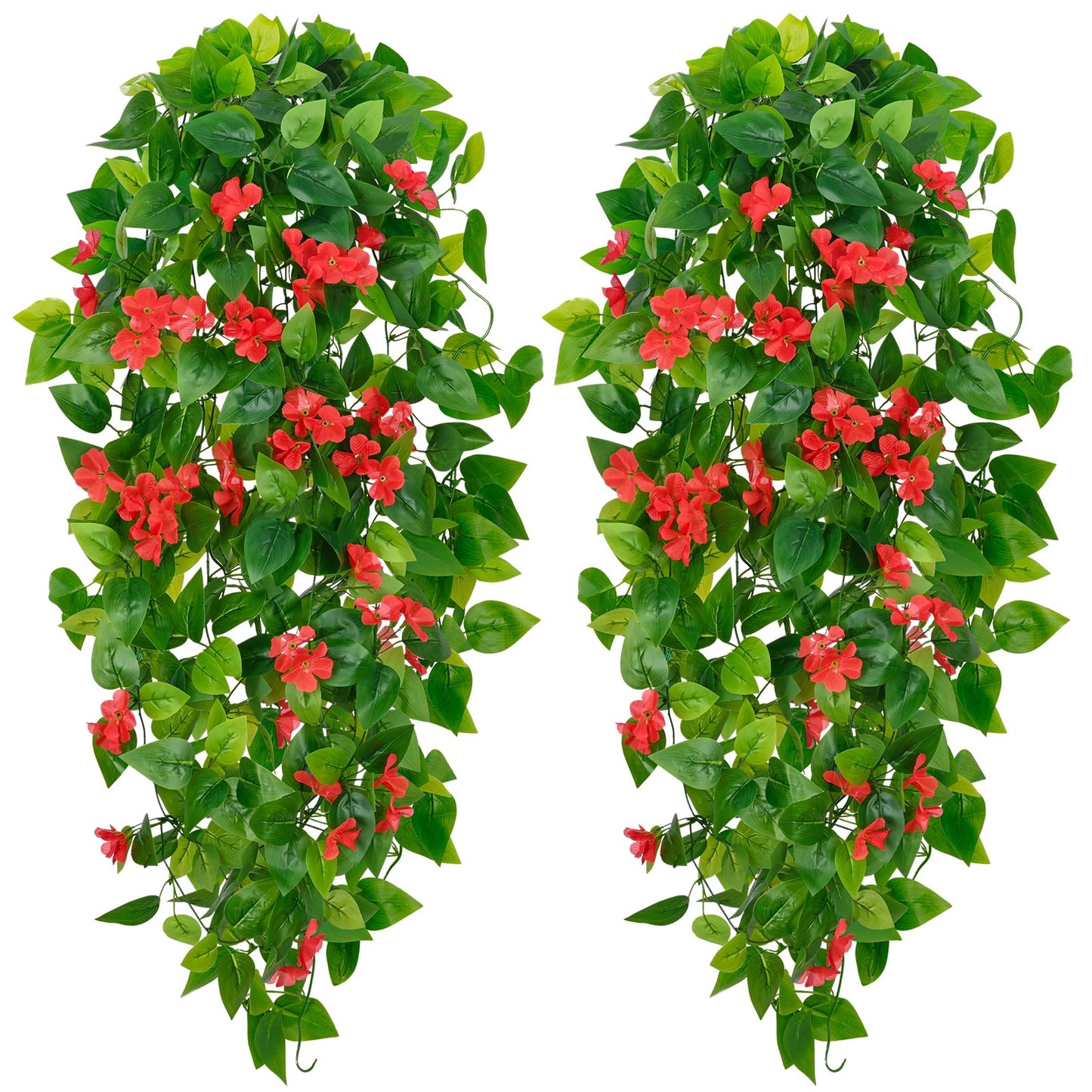 BLEUM CADE Artificial Hanging Flowers for Outdoors, 2pcs Fake Hanging Plants Pothos Vines with Red Flowers for Wall Home Living Room Indoor Outdoor Decor (No Baskets)