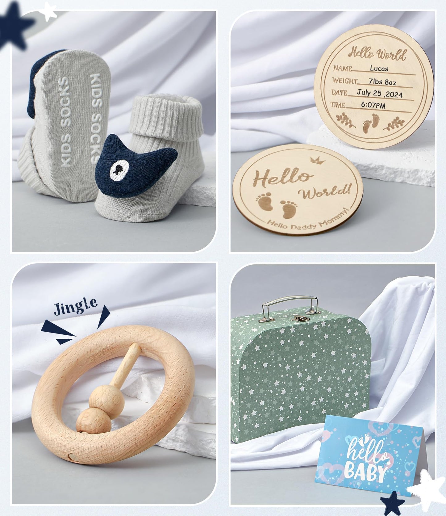 Golray Baby Boy Gifts for Baby Shower, 9pcs Newborn Essential with Fox Lovey/Blanket/Onesie/Wooden Rattle/Socks/Bib/Suitcase, Welcome Baby Gift Box Gender Reveal Infant Boy Gift Basket Set 0-6 Month