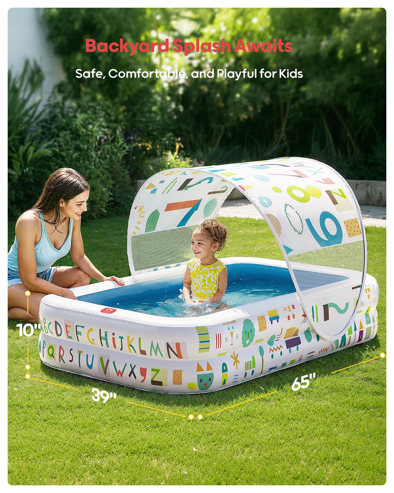 QPAU Kiddie Pool – 65" x 39" Inflatable Pool for Kids & Toddlers, Ball Pit & Baby Pool with Soft Cushioned Floor, Canopy for Sun Protection, Durable Outdoor Play Toys for Backyard & Indoor (Blue)