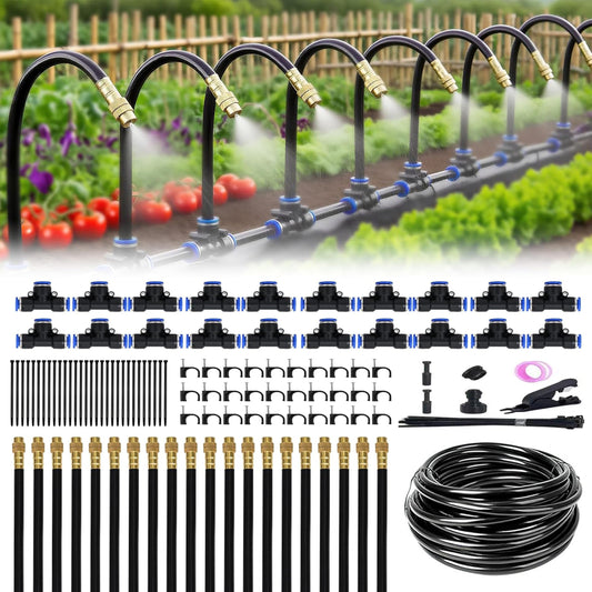 360° Adjustable Drip Irrigation System - 100FT Garden Watering System with 15 Nozzles, Garden Irrigation System, Greenhouse Accessories, Atomizing System for Yard, Lawn, Plants, 5/16 inch Hose