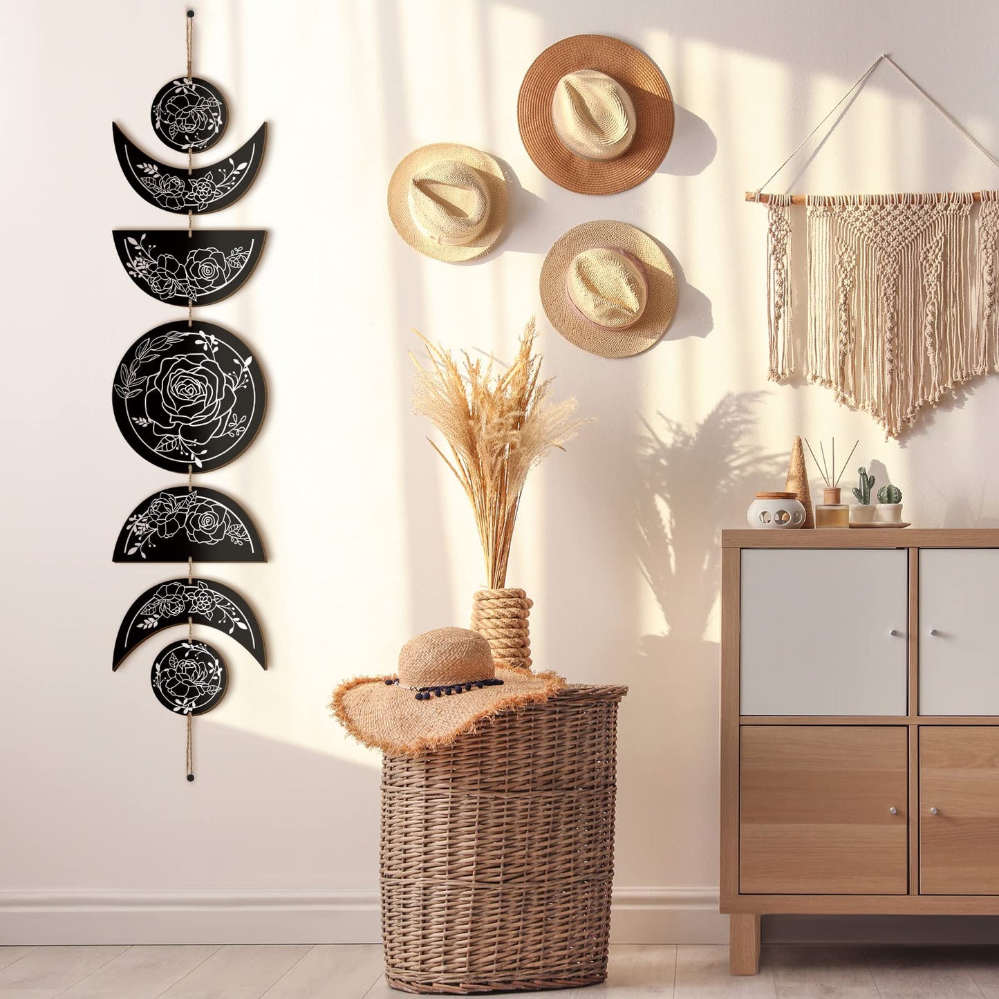 BBTO Boho Wall Decoration Moon Phases Wall Art Stars Moon Decoration Minimalist Room Wooden Gothic Witchy Door Pediments Hanging Sign(Black, White)