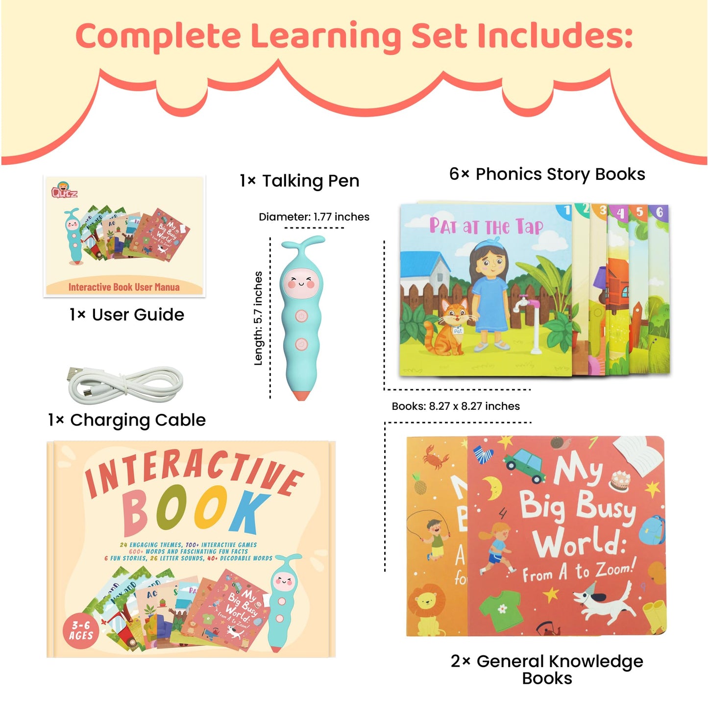 QuTZ Talking Pen Book Set, Learn to Read Sound Books, Learning Toys with 8 Tap to Read Books, 600+ Words & Fun Facts, 6 Phonics Story Books, 700+ Games, Educational Toy for Kids 3+ (Paperback Version)