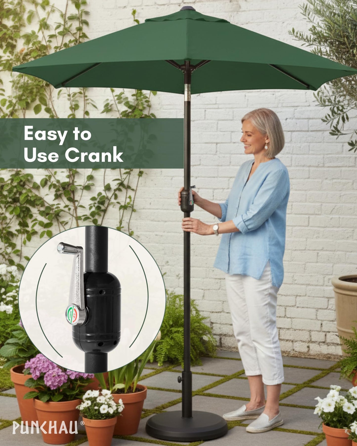 Punchau 6 Ft Outdoor Patio Umbrella, Easy Open/Close Crank and Push Button Tilt Adjustment - Hunter Green Market Umbrellas