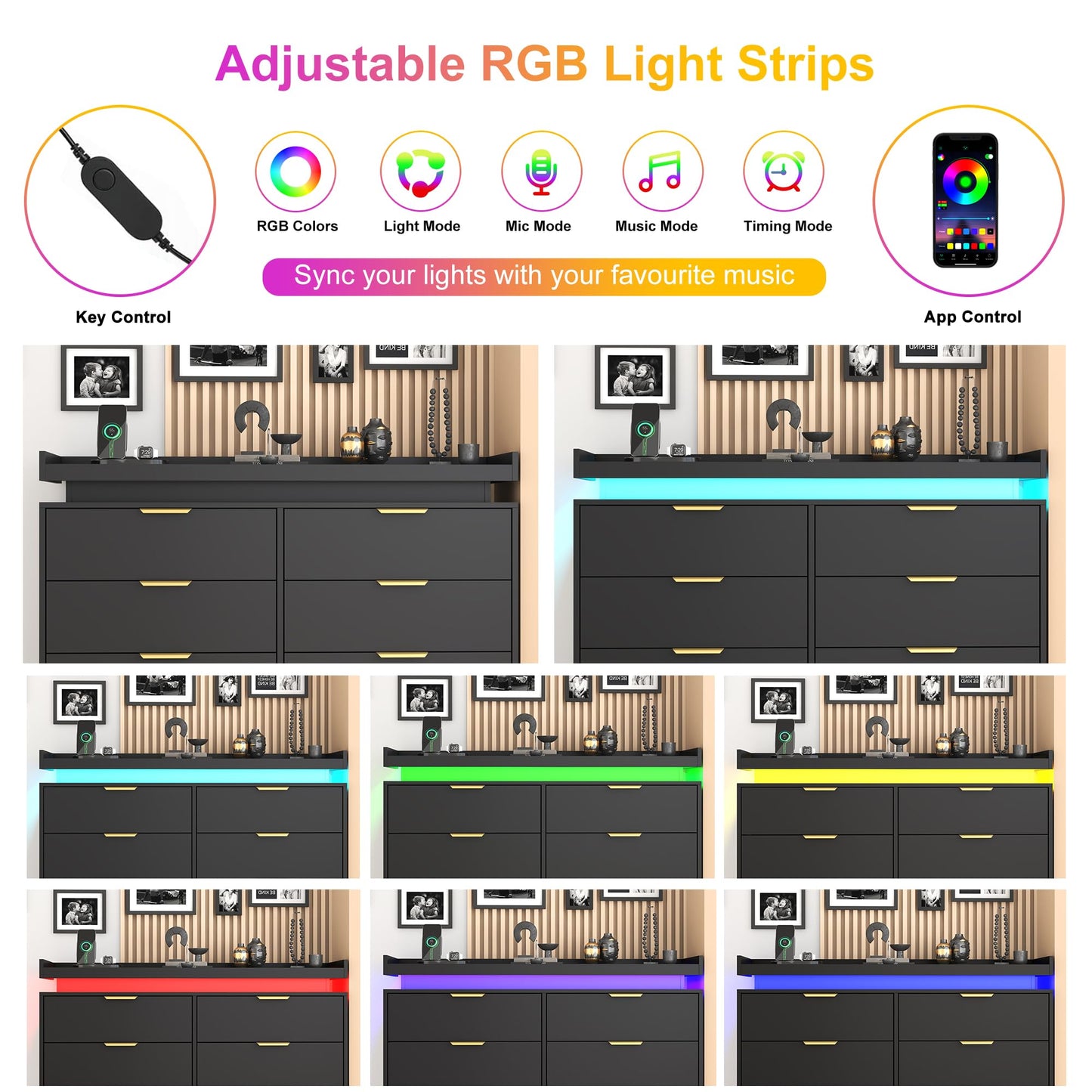 knoworld 8 Drawer Dressers for Bedroom, Black Dresser with LED Lights and Power Outlet, Wood LED Dresser, Double Wide Modern Chest of Drawers for Bedroom, Entryway, Hallway