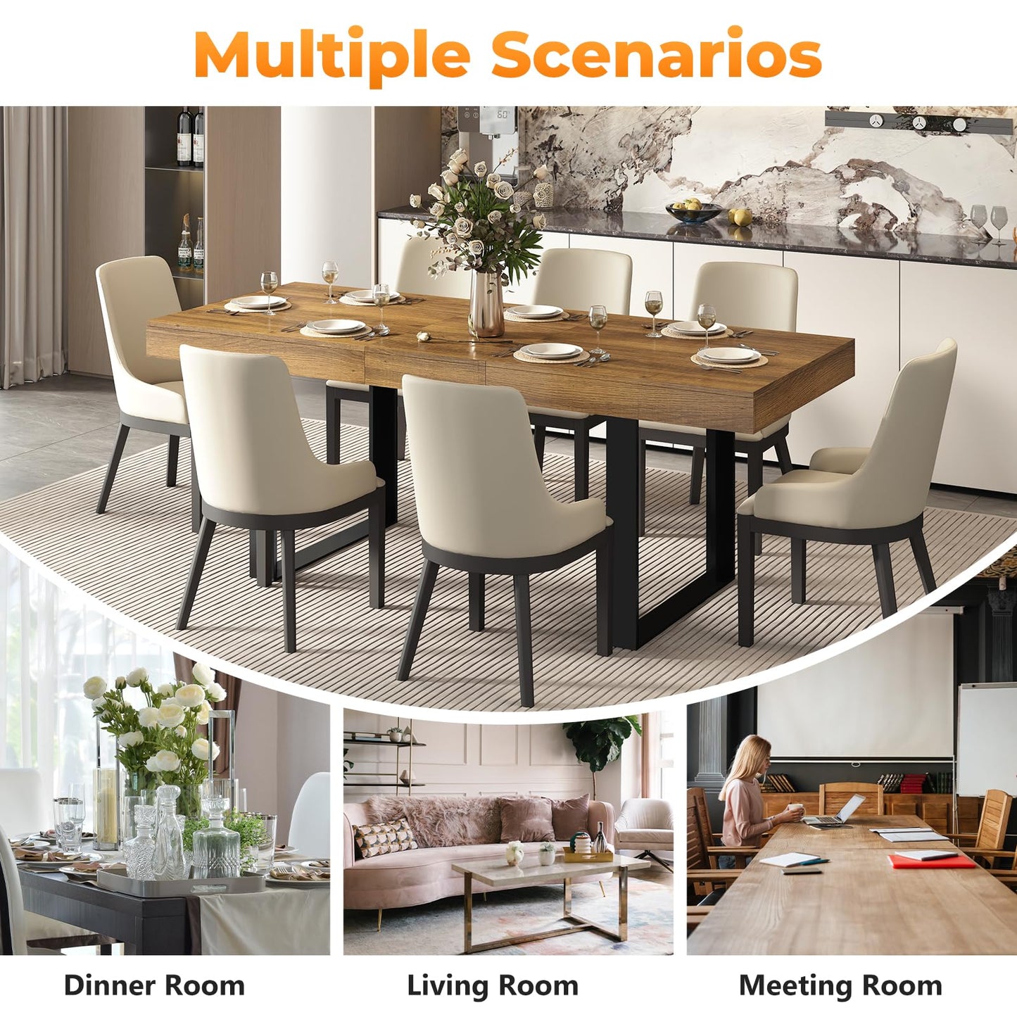Zevemomo 63"-78.7" Expandable Dining Table, 6-8 Extendable Dining Table, Rectangle Conference Table, Farmhouse Kitchen Table with Slide Track, Tapered U-Shaped Wood Legs for Office, Living Room-Brown