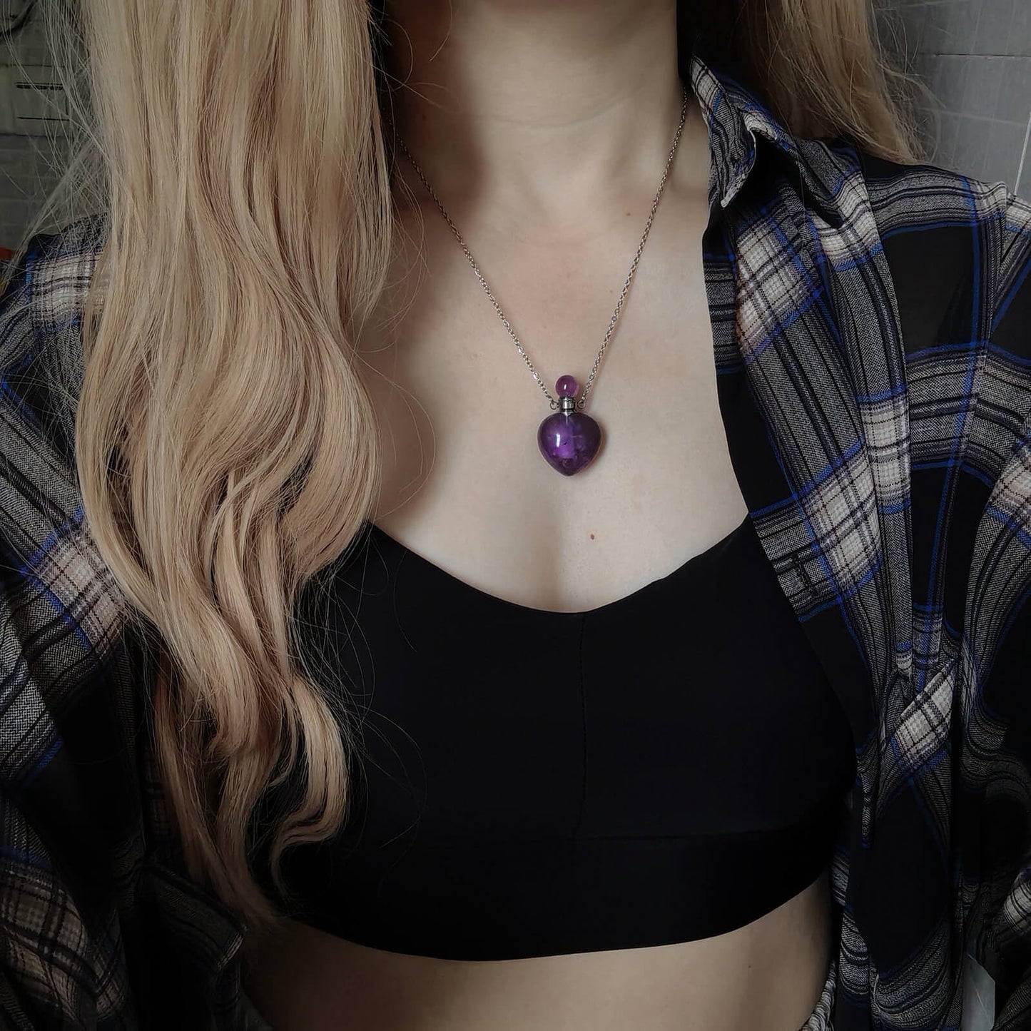 Ladywowu Amethyst Necklace, Make a Wish Perfume Bottle Necklace, Crystal Heart for February Birthstone Jewelry, Small Vial for Liquid, Essential oil