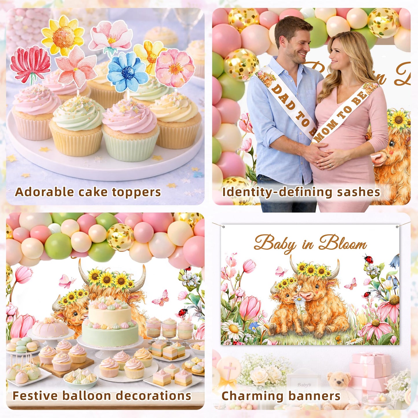 Baby in Bloom Baby Shower Decorations Kit 130PCS for Girl, Highland Cow Floral Baby Shower Decor, Pink Baby Shower with Balloon Garland Arch, Backdrop Banner, Cake Topper, Mom to Be & Dad to Be Sash