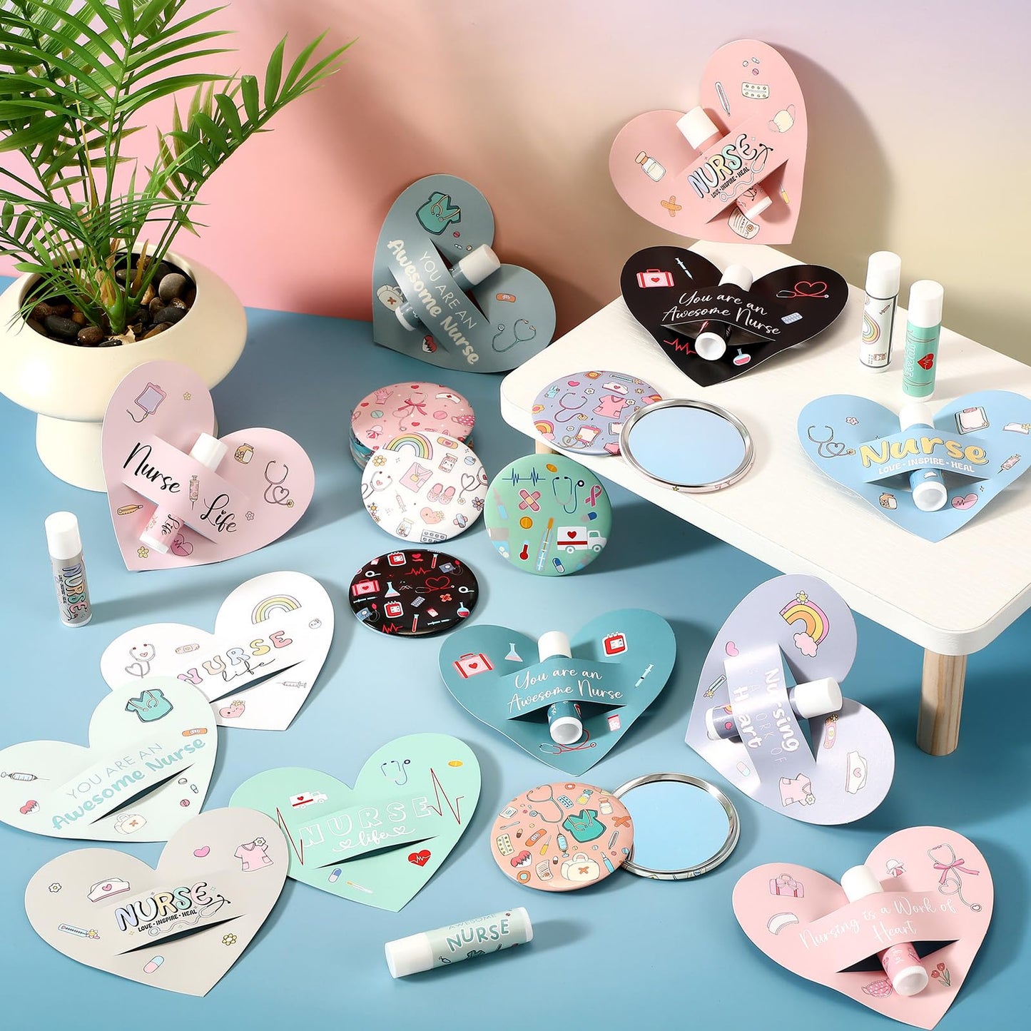 Liliaafar 12 Sets Nurse Week Gifts Bulk for Women Nurse Survival Kit Nursing Appreciation Makeup Bags with Zipper Cosmetic Bags Small Round Mirrors with Cute Lip Balm and Inspirations Cards