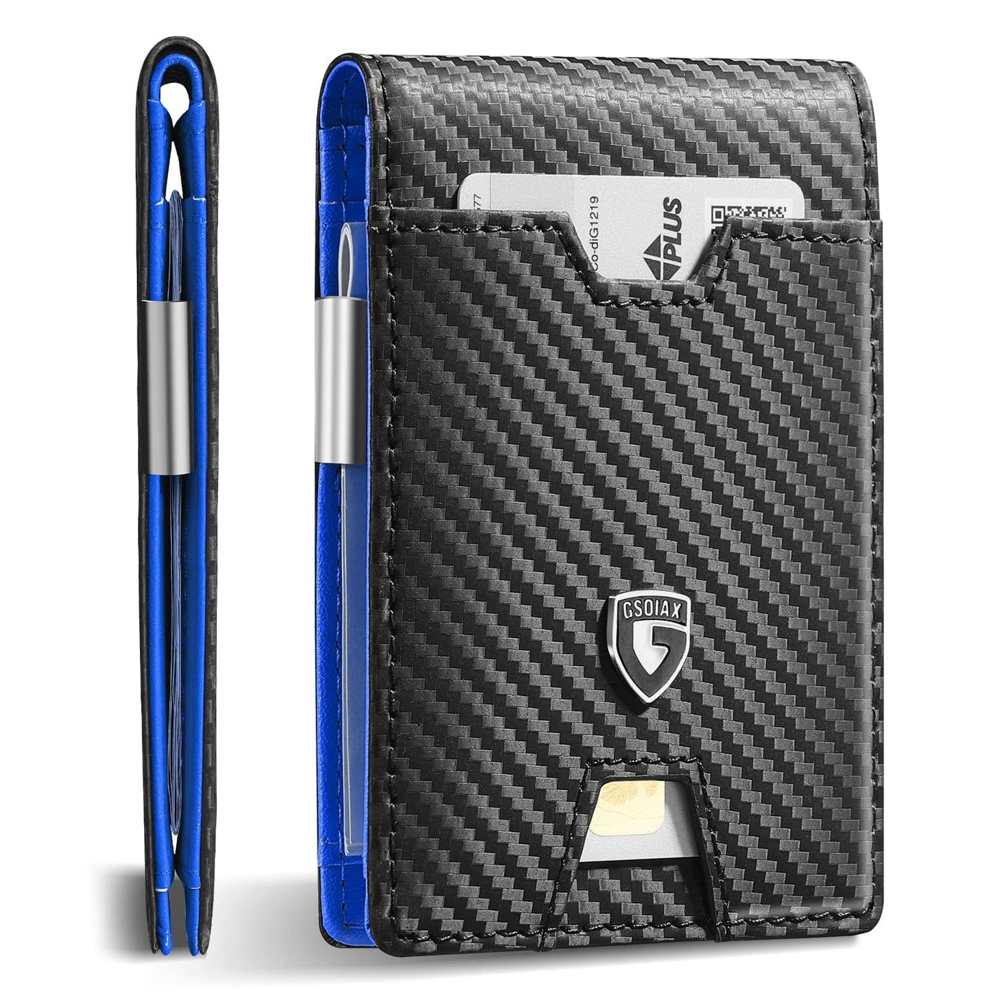 GSOIAX Men's Slim RFID Blocking Leather Wallet with Money Clip Minimalist Carbon Fiber Bifold Credit Card Holder 11 Card Slots Stocking Stuffers Included Gift Box (Carbon Blue)