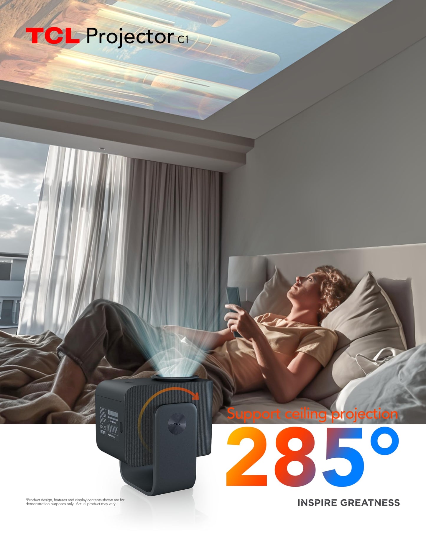 TCL C1 Smart Projector 4K Support, Google TV & Netflix Officially Licensed, WIFI and Bluetooth, Auto Focus Keystone, Native 1080p, Dolby Audio, 285° Portable Mini Projector for Home Theater