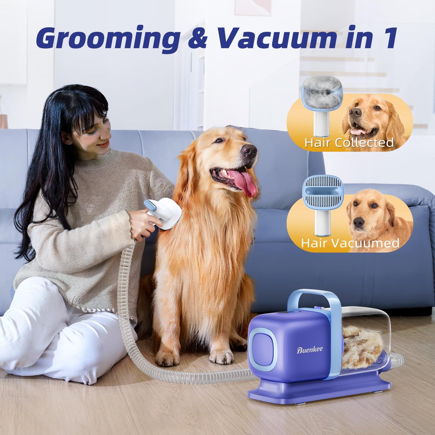 buenkee Dog Grooming Kit with Pet Grooming Vacuum, Clipper Blue with Handheld Dog Blow Dryer for Pet Grooming MAS521 White
