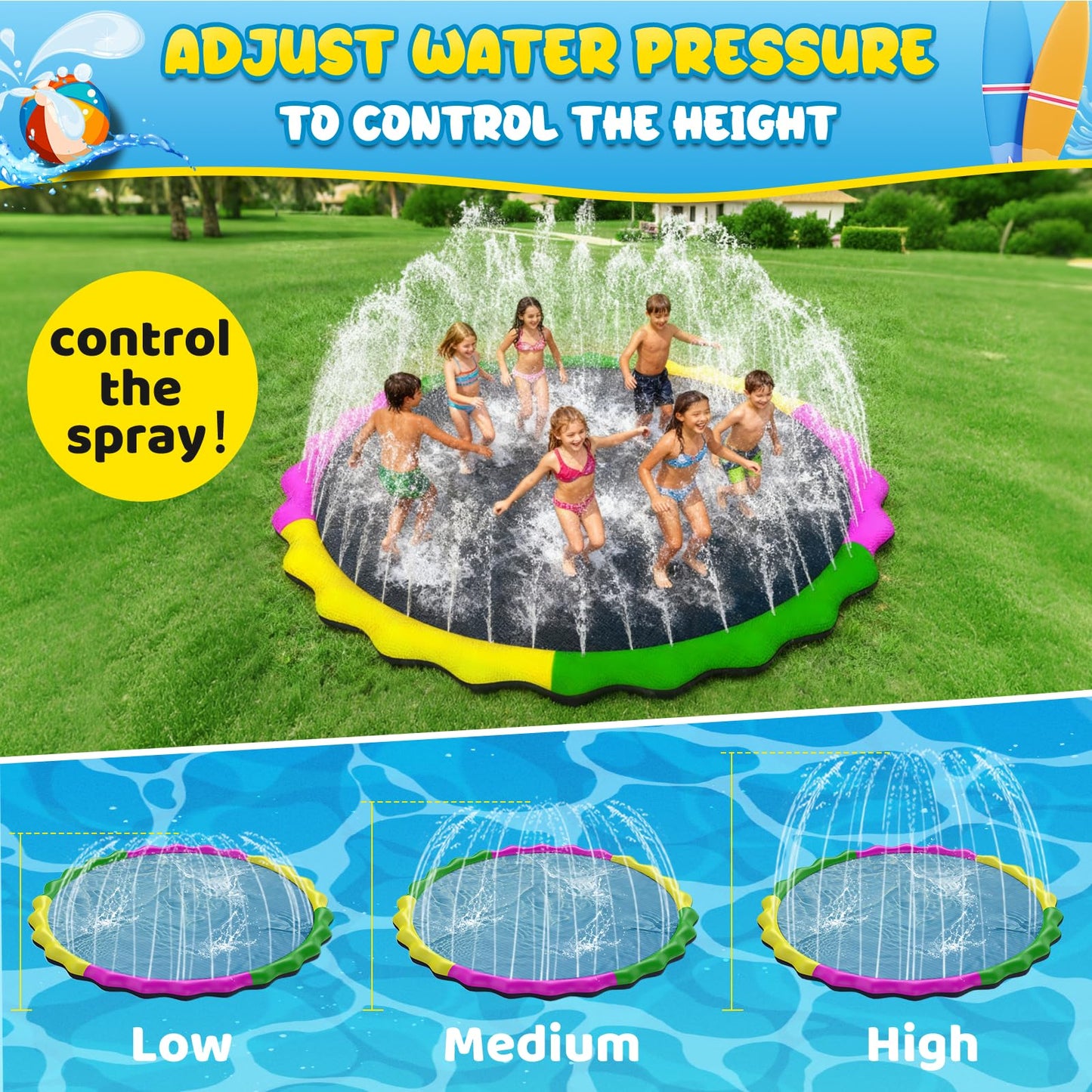 Glowpoint 130” Extra Large Non-Slip Splash Pad for Kids & Dogs, 11FT Outdoor Water Sprinkler Pad, 0.5mm Thickened Tear-Resistant PVC, Kids Water Toy & Dog Pool for Backyard Family Fun