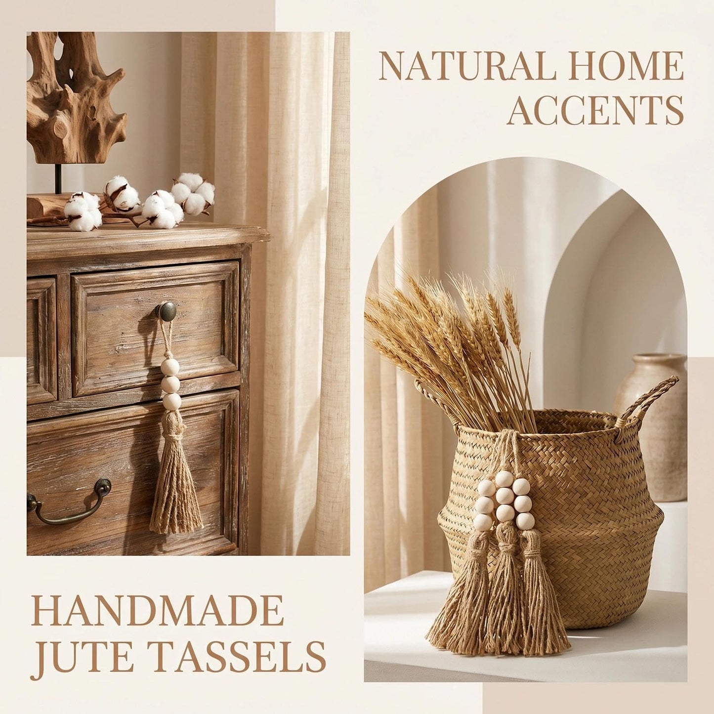 40 Pack Jute Tassels with Wood Beads, Tassels for Crafts, Natural Jute Rope and Wood Bead for Crafts, Bookmark Tassels,Tassels for Decoration DIY Craft Garland, Home Wedding Party Boho Decor
