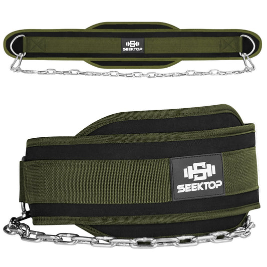 Seektop Dip Belt for Weightlifting - GYM Workout Pull Ups Belt with Chain, Neoprene Waist Dip Belt Crossfit for Weight Lifting, Squat, Training, Fitness, Men & Women (Belt & Chain) (Green)