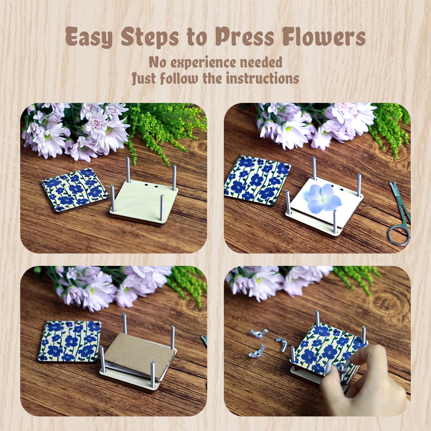Fuwuu Mini Flower Press Kit 2.6" x 2.6" - Portable Pocket Flower Press with Carrying Chain for Hiking & Nature Journaling, Double-Sided Camellia Art Wooden Plant Press for Adults, DIY Botanical Crafts