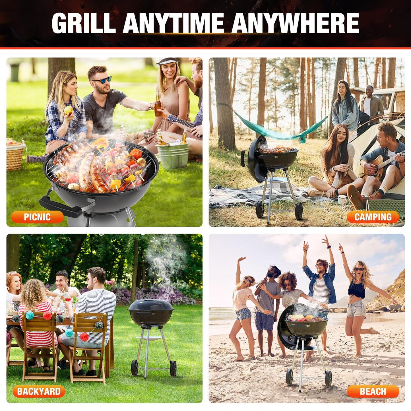 GRiliFE 18 inch Charcoal Grill, Portable Kettle BBQ Grills, Perfect BBQ Gift, Durable & Easy to Assemble, Round Barbecue Grill with Wheels and Lid for Outdoor Cooking, Patio and Beach, Black
