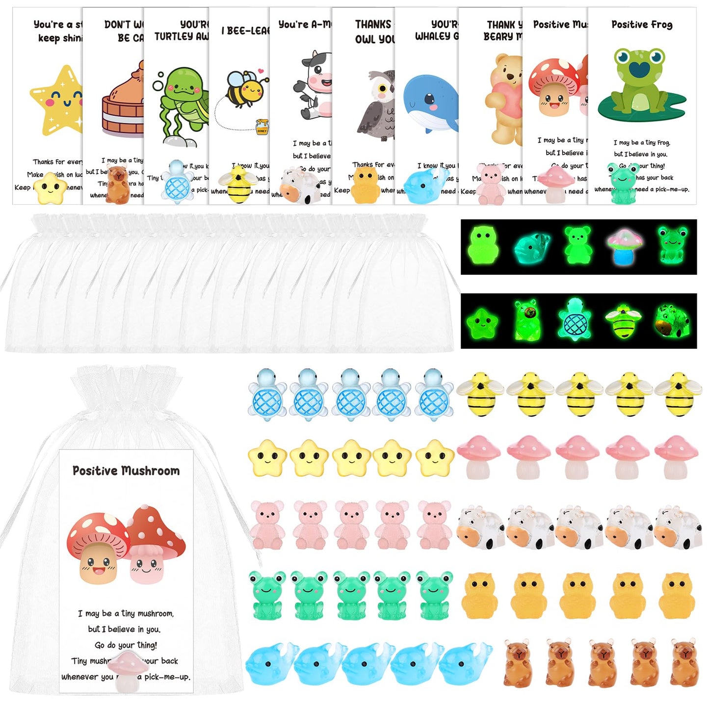 50 Set Employee Appreciation Gifts Bulk for Coworkers Mini Luminous Resin Animals Thank You Staff Gift Inspirational Affirmation Greeting Cards Motivational Gifts for Employees Teacher Nurse Team
