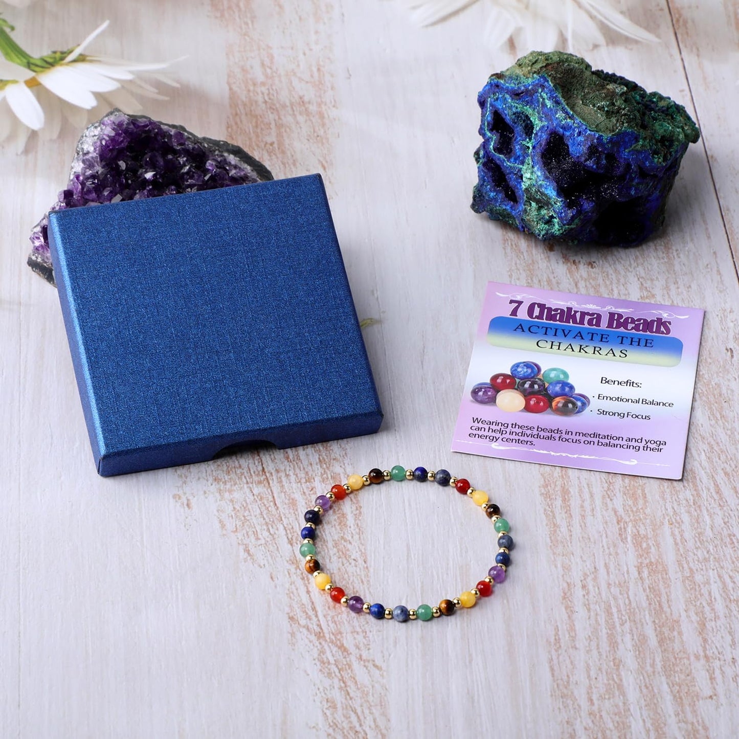 QOGIR 7 Chakra - Activate The Chakras - 14K Gold Plated Beads Natural Gemstone Stretch Elastic Dainty Healing Beaded Bracelets Gifts 4mm