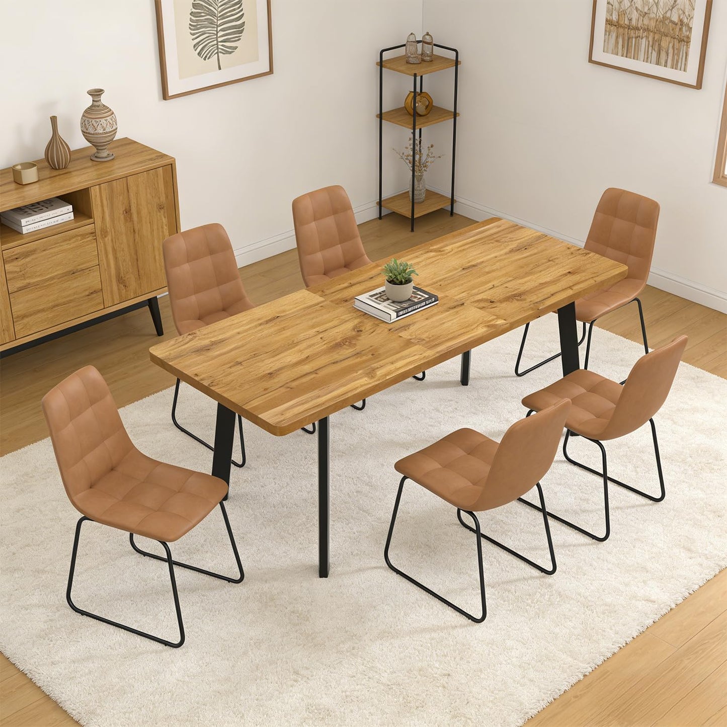 Extendable Dining Table Set for 6 to 8 People, 63" to 78.7" Modern Kitchen Table Set with 6 Chairs, MDF Dining Room Table and Chairs with Removable Extension Leaf (Walnut Table+U-Shaped Brown Chairs)