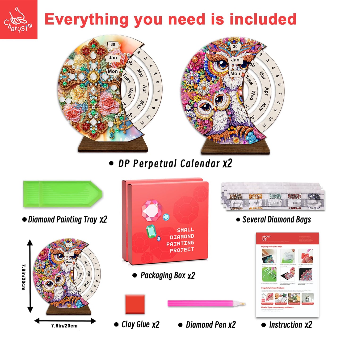 CharySim Diamond Art Calendar Kits for Adults Diamond Gem Art Kit Paint By Dots Kits Rhinestone Craft Kit for Women Birthday Gift DIY Bedazzling Art Desktop Stand (Owl&Cross 2)