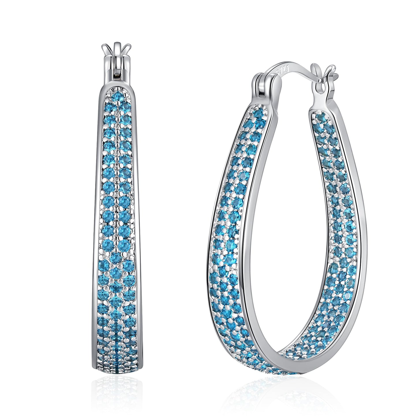 CiNily 925 Sterling Silver Post Hoop Earrings for Women Aquamarine Cubic Zirconia Hoop Earrings 14K White Gold Plated Oval Hoops Chunky Gemstone Earrings Jewelry