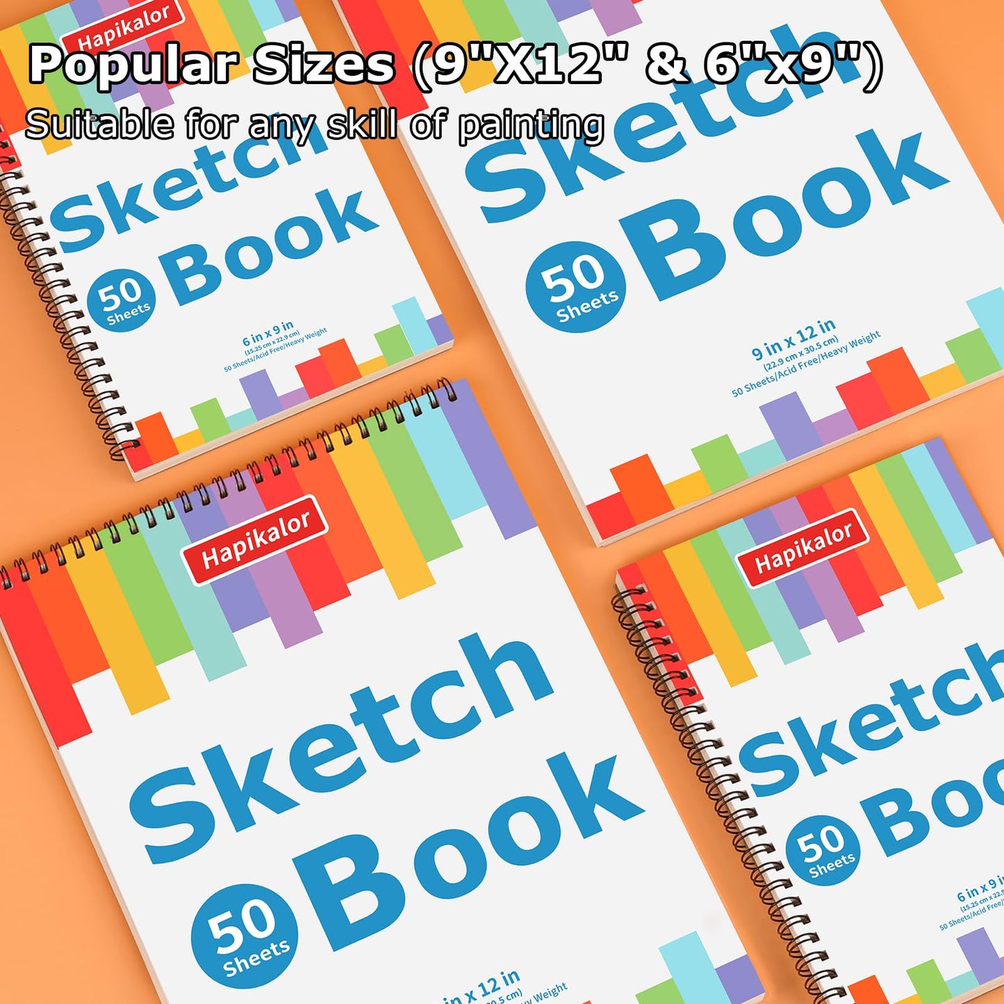 4 Pack 9x12 Sketch Book Spiral Bound, 50 Sheets Each 100gsm/68lb Acid-Free Drawing Paper, Lay-Flat Art Sketch Pad for Dry Media, Pencil, Charcoal, Sketching & Practice, School Supplies for Kids Adults