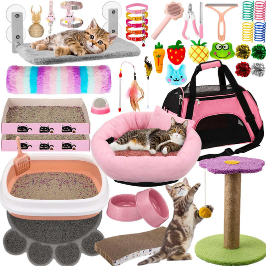 40 Pcs Kitten Starter Kit for Indoor Cats Include Litter Box, Carrier, Cat Bed, Climbing Post, Scratch Pad, Hammock, Feed Bowls, Mat, Collars, Nail File and More for Kitten Supplies Welcome Gift(Pink)