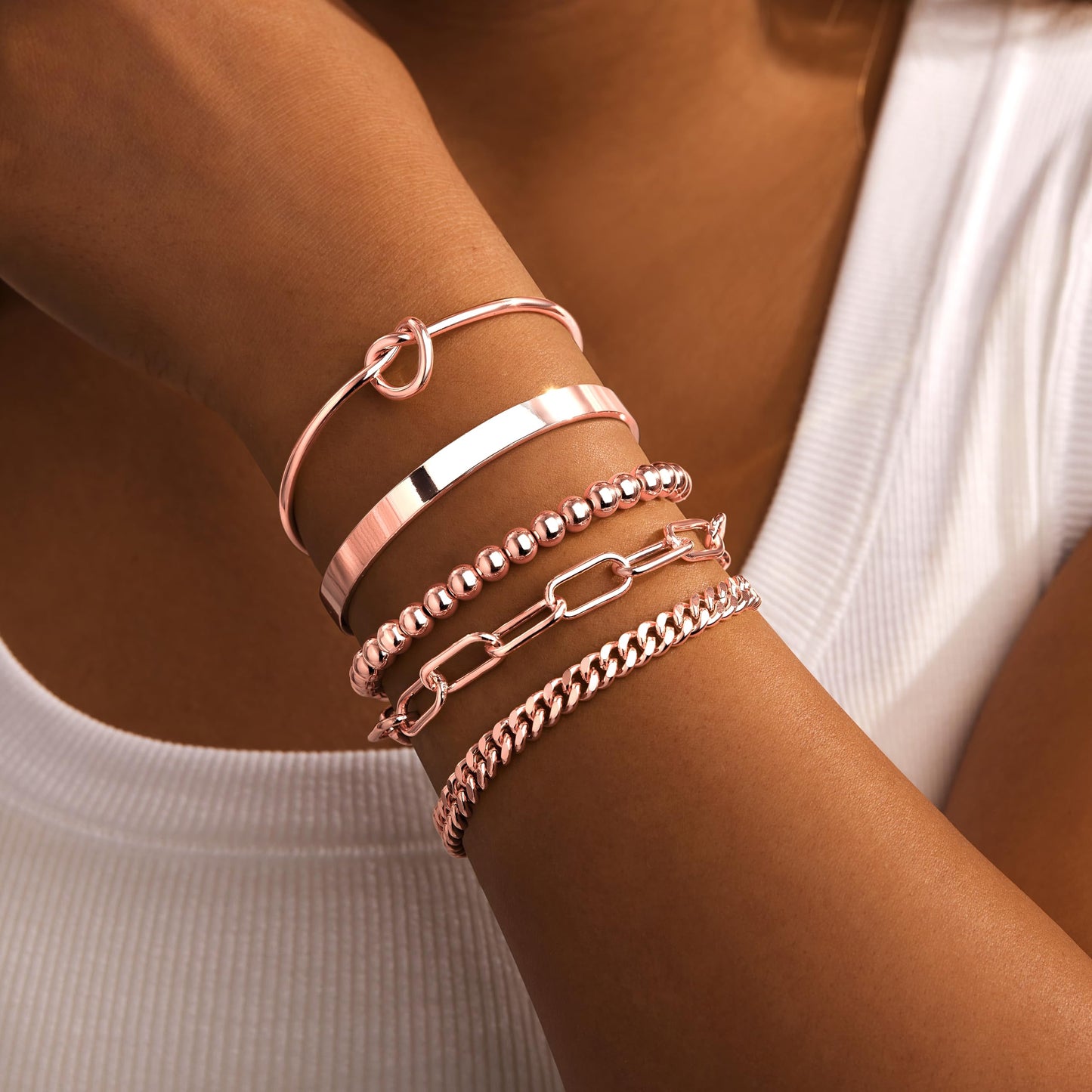 Gokeey Rose Gold Bracelets for Women Non Tarnish Waterproof Rose Gold Bracelets Stack Dainty Cuff Paperclip Bead Cuban Layered Chain for Jewelry Gifts