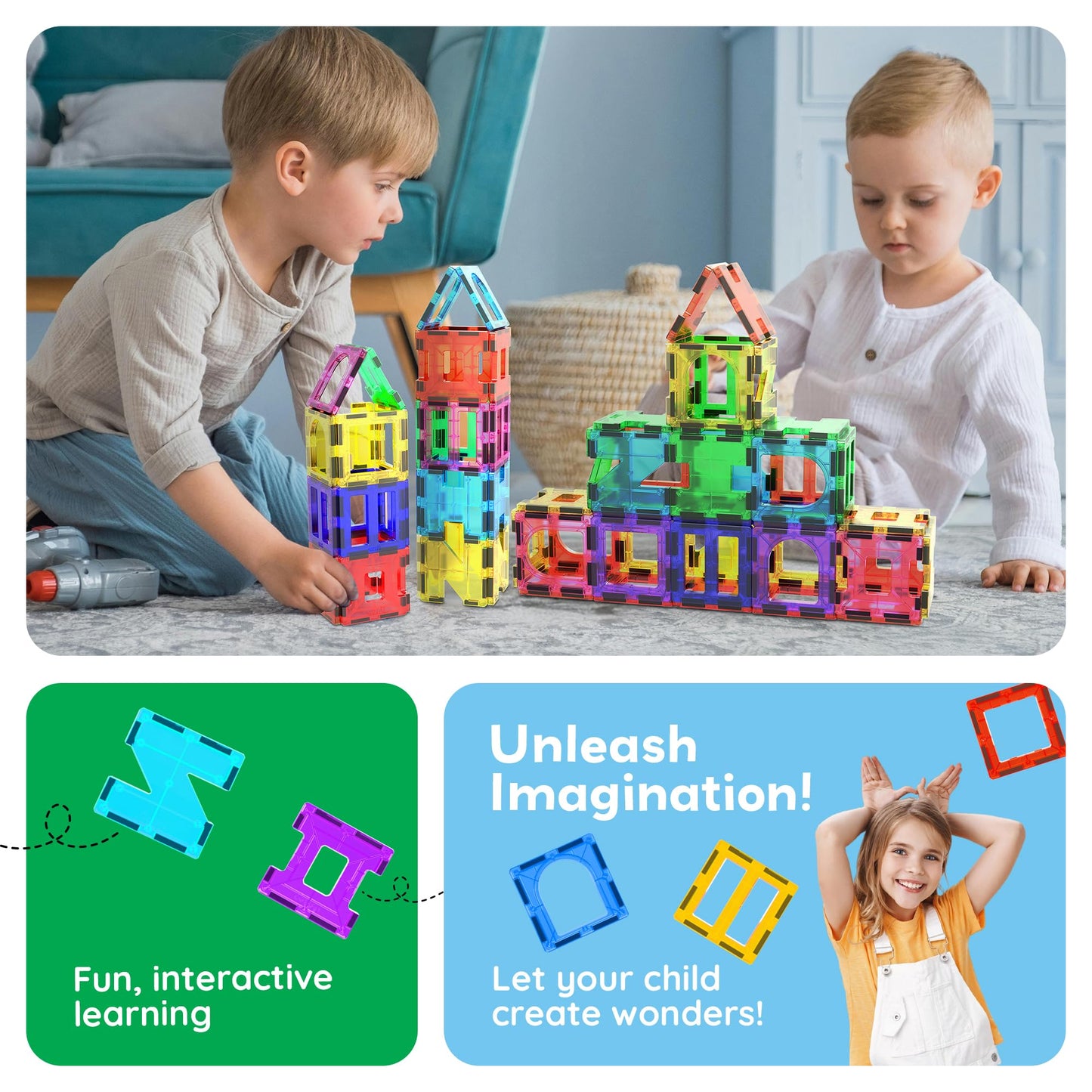 PicassoTiles 42pcs Magnetic Tiles Magnet Blocks See-Through Shape STEM Toys Building Block Educational Playset Compatible with Major Brand Tile -Starter Set for Boys and Girls Toddlers Ages 3+ PT42