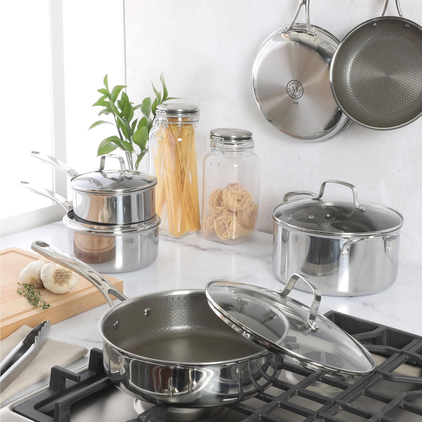 Martha Stewart Badgley Hybrid Nonstick 10 Piece TriPly Stainless Steel Pots and Pans Non-Toxic Kitchen Cookware Set - Laser Etched Perfect Sear Nonstick W/Stay Cool Handle Dishwasher & Induction Safe