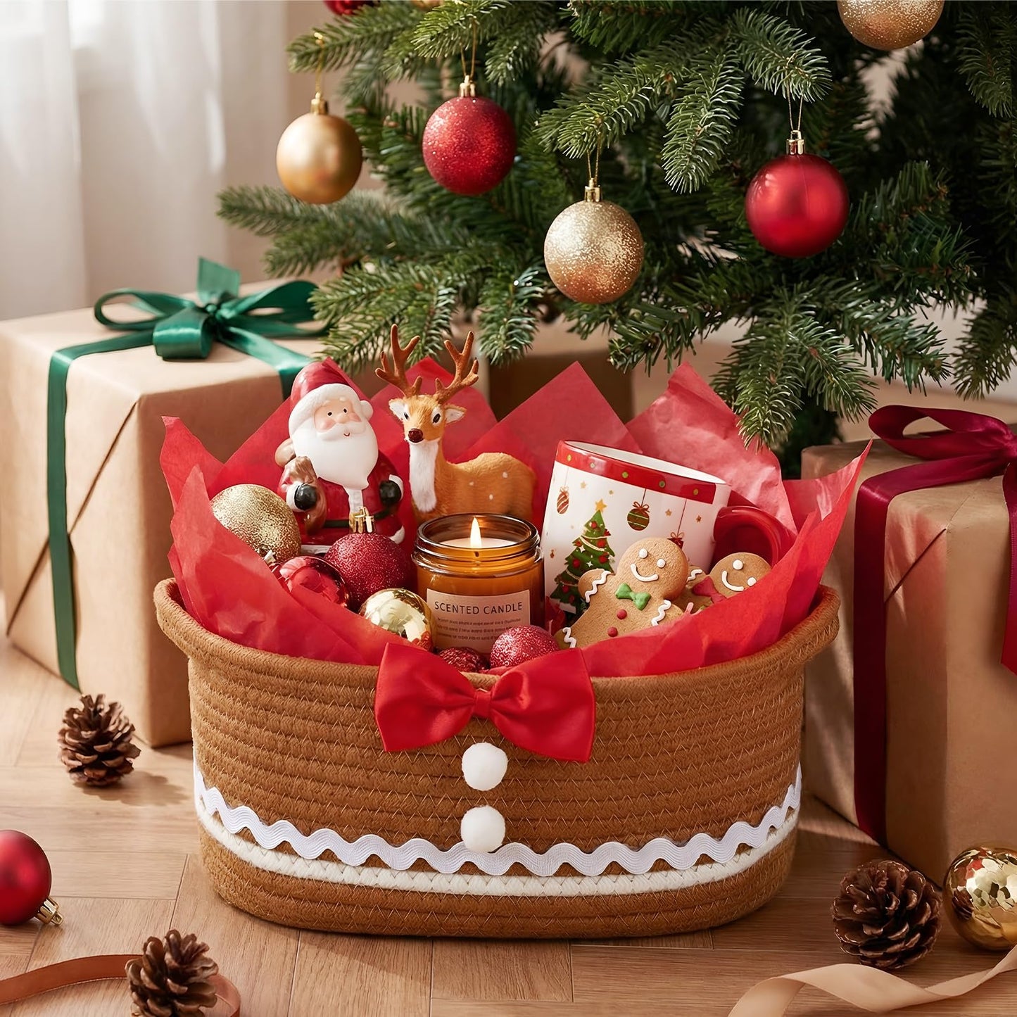 Zopeal Valentine's Day Woven Basket with Gift Bag, Ribbon and Red Tissue Paper Gingerbread Man Woven Bin Empty Shelf Basket Holiday Decorative for Xmas Gifts, 12 x 8 x 5 Inch