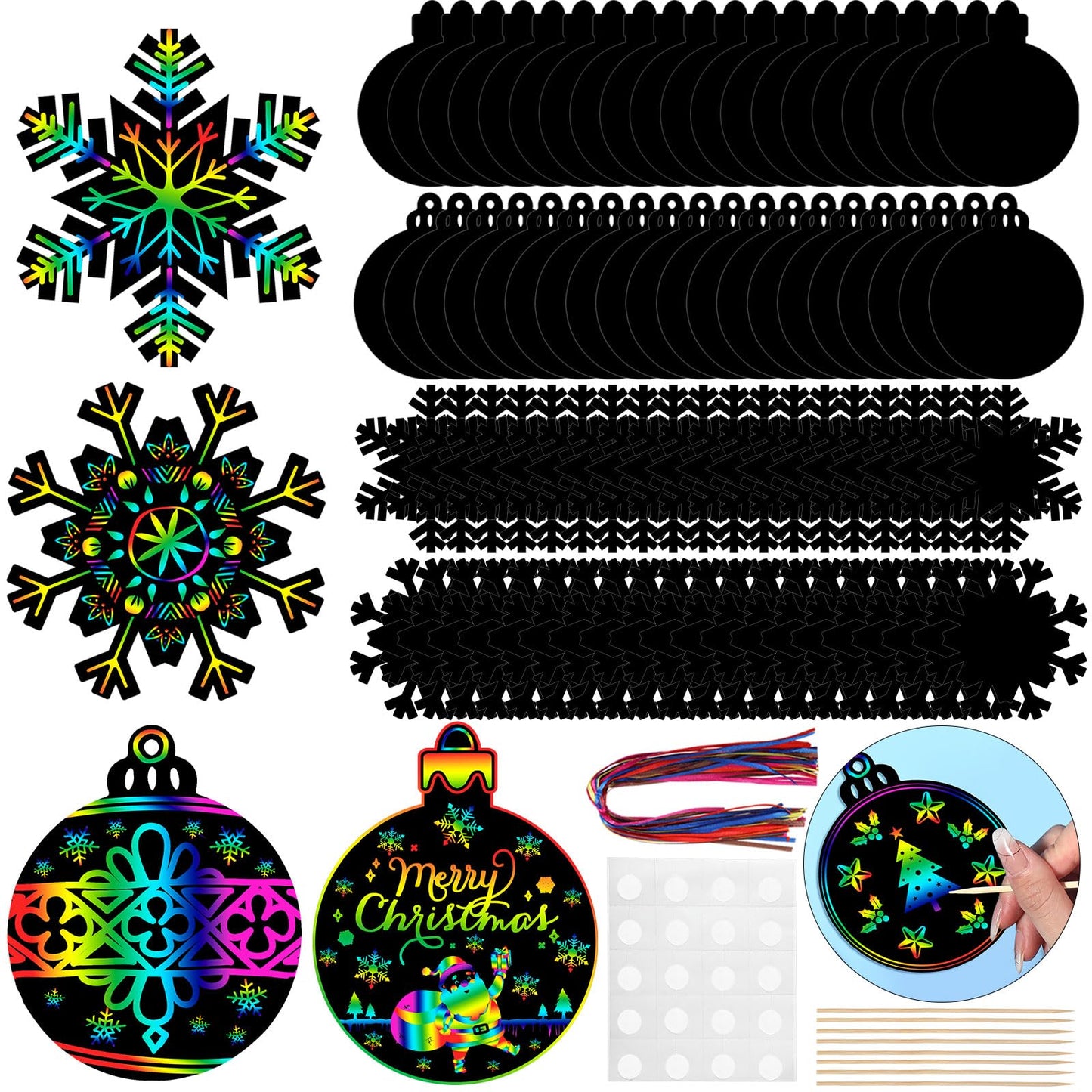 Yeaqee 80 Pcs Christmas Ornament Scratch Cards Christmas Scratch Paper Art with Drawing Sticks and Ribbons DIY Xmas Magic Paper for Winter Xmas Home Party DIY Activities (Snowflake)