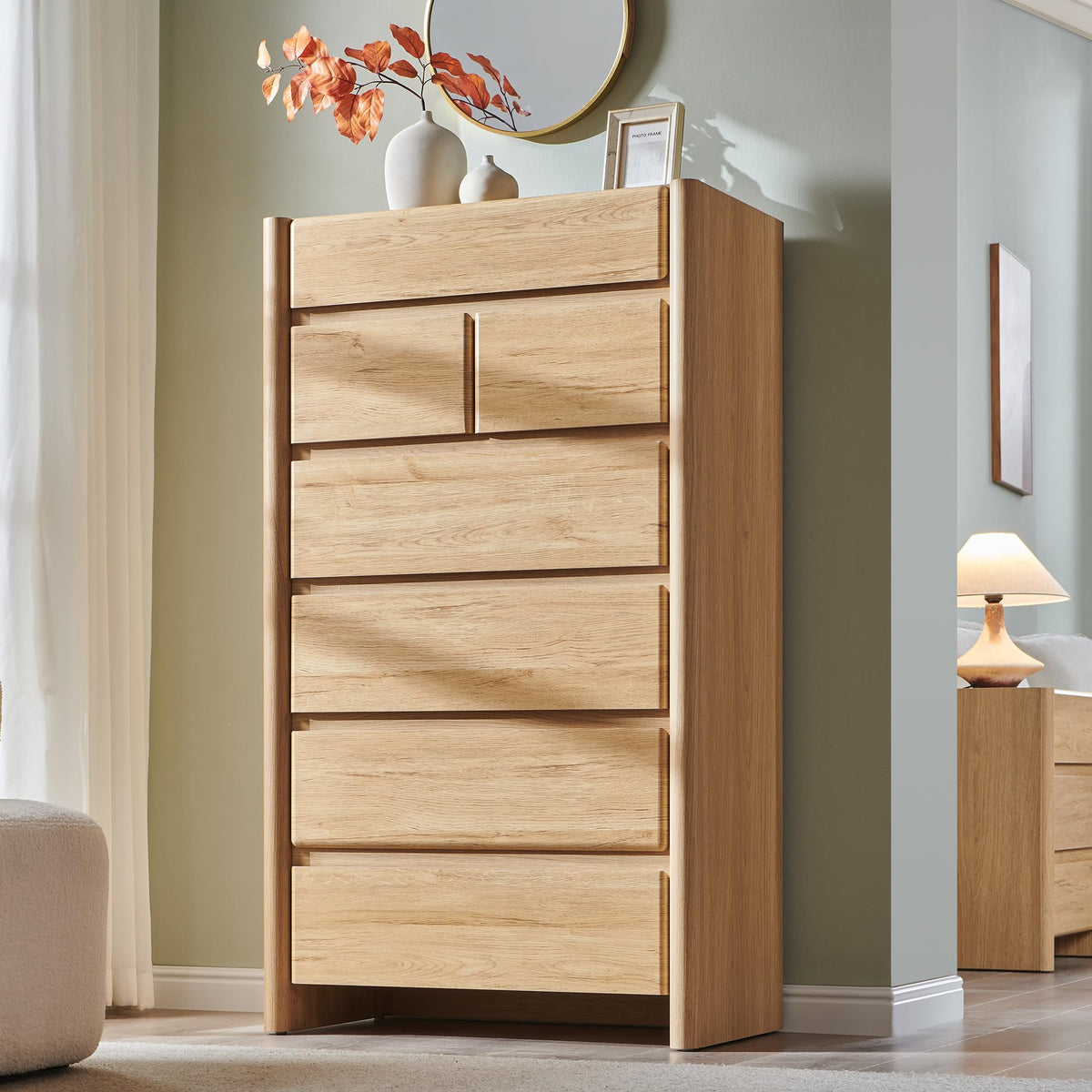 wow97e Modern 7 Drawers Dresser for Bedroom, 54.7" Tall Large Dresser & Chests of Drawers w/Rounded Corner, Wood Handleless Organizer Dresser w/Natural Texture for Bedroom, Living Room-Natural