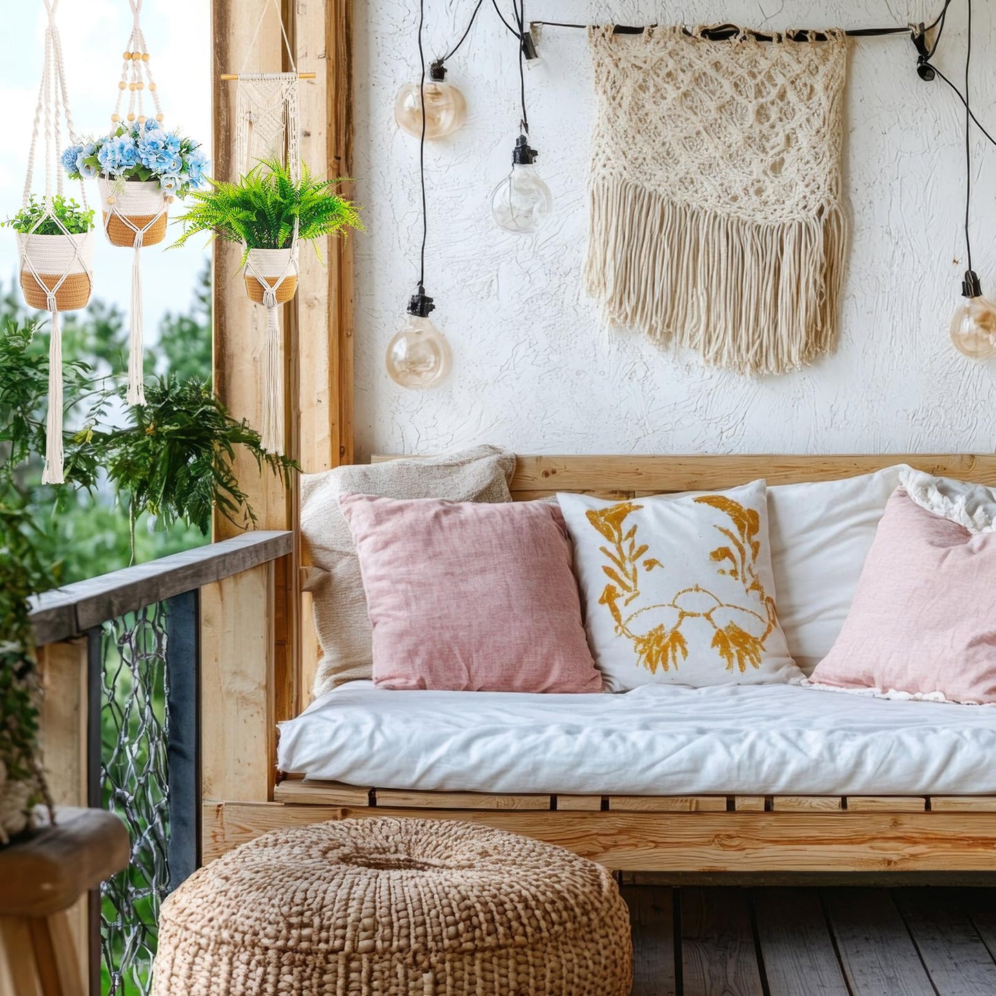 Janinka 7 Pack Hanging Planter Basket Set, Cotton Rope Macrame Woven Plant Hanger, Indoor Plant Boho Hanger Basket, Hanging Wall Plants Flower Pots with Hooks for Outdoor Home Decorations