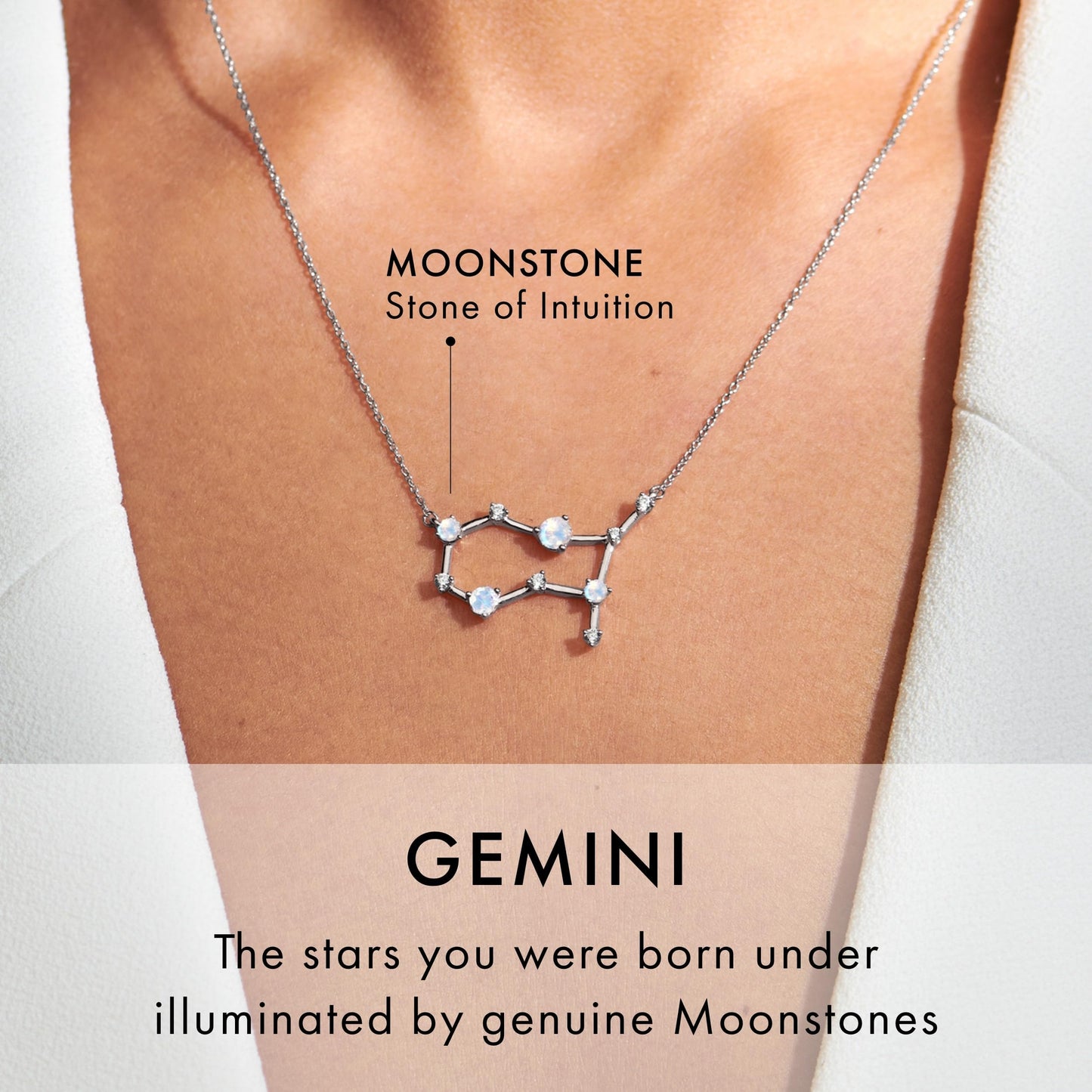 Moon Magic Moonstone Necklace - Gemini Zodiac Constellation / 925 Sterling Silver - 18k Rose Gold - Yellow Gold Rainbow Moonstone Necklaces for Women/Authentic Rainbow Crystal Jewelry