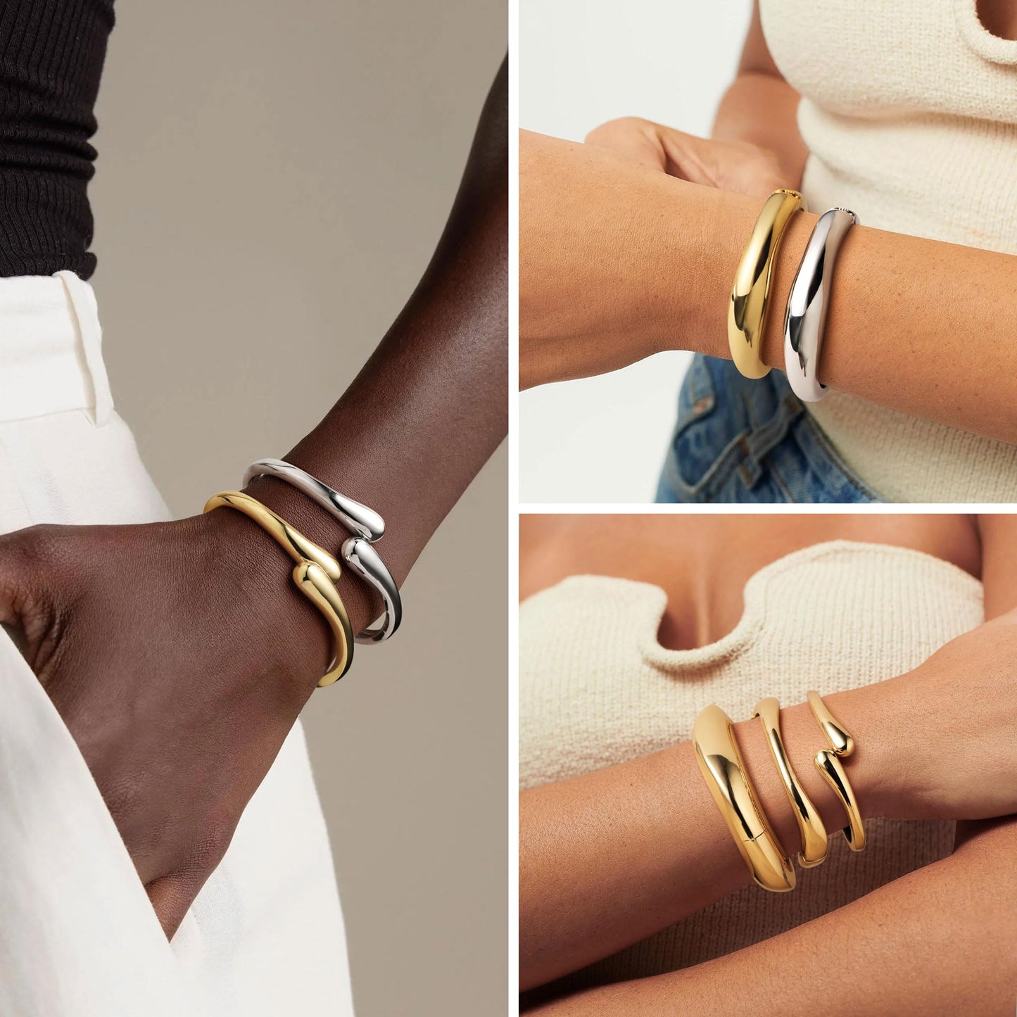 M MOOHAM Chunky Gold Silver Bangle Bracelets for Women, Dainty 14k Gold-Plated Thick Stackable Statement Bangles Bracelet Set Twist Cuff Drop Bracelet Stack for Women Trendy Jewelry Gifts