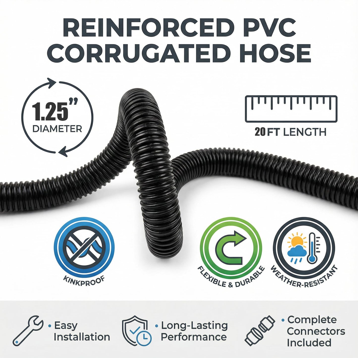 MPOBSP Corrugated Pond Tubing - Flexible, Kinkproof, Reinforced PVC Hose for Water Gardens, Pumps, Waterfalls & Aquaculture (20 Feet Black, 1-1/4 Inch)