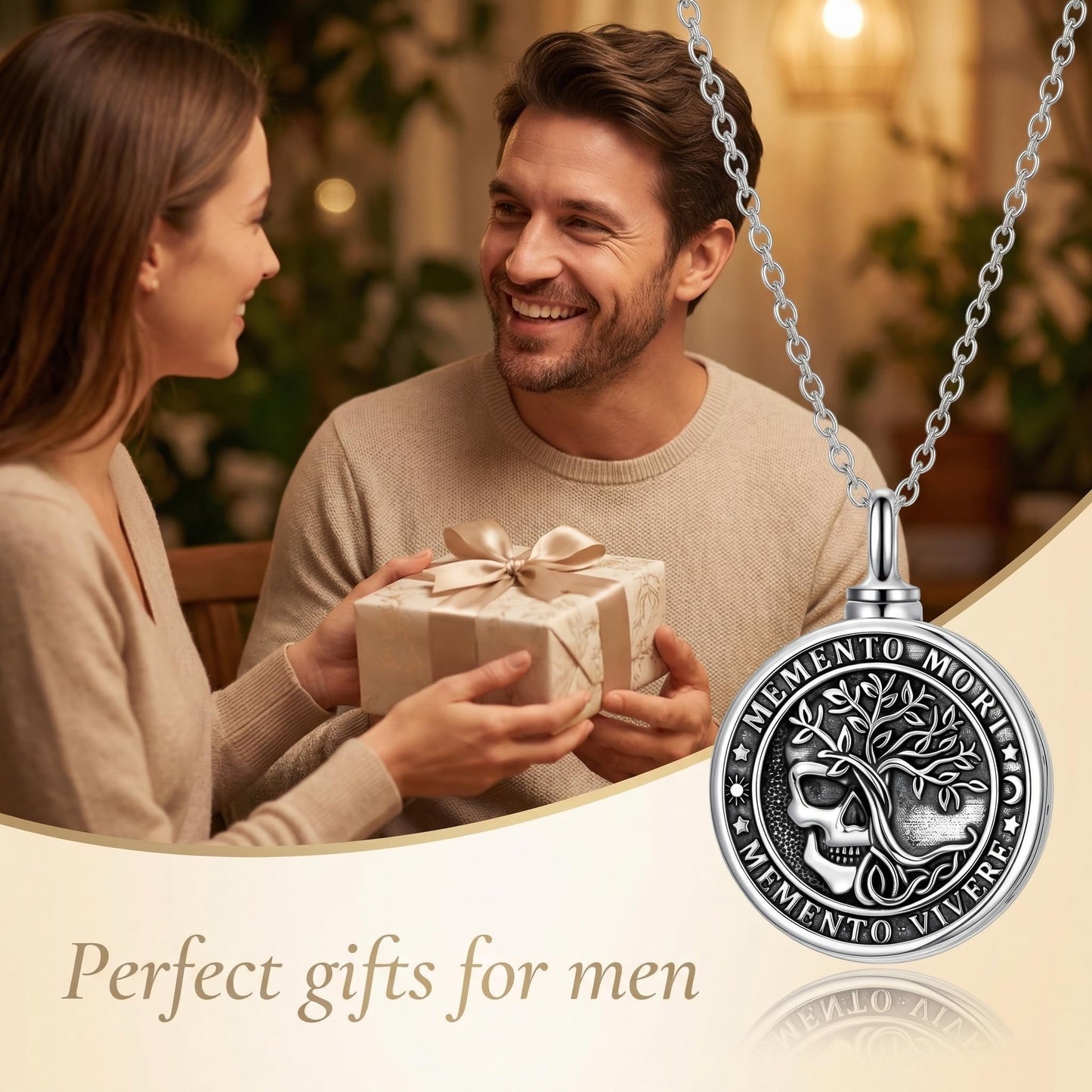 POIUY Memento Mori Necklace for Men Skull Pendant Gothic Tree of Life Hourglass Pendant Gothic Amulet Jewelry Amulet Protection Gift for Him Her