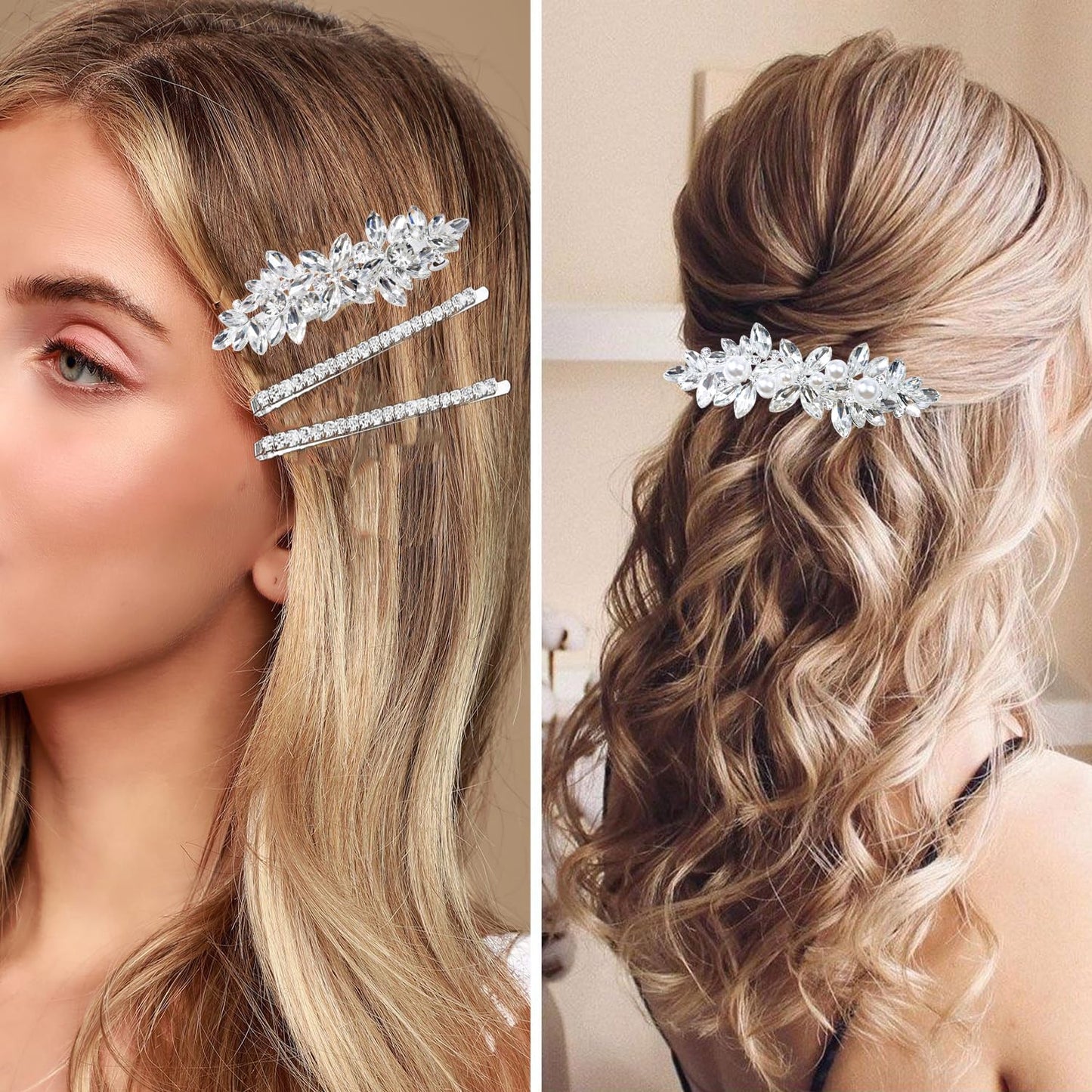 6 Pieces Rhinestone Bridal Hair Clips Leaf Wedding Hair Pins Crystal Bobby Pins Silver Hairpin Jewelry Barrette for Brides Bridesmaids Flower Girls
