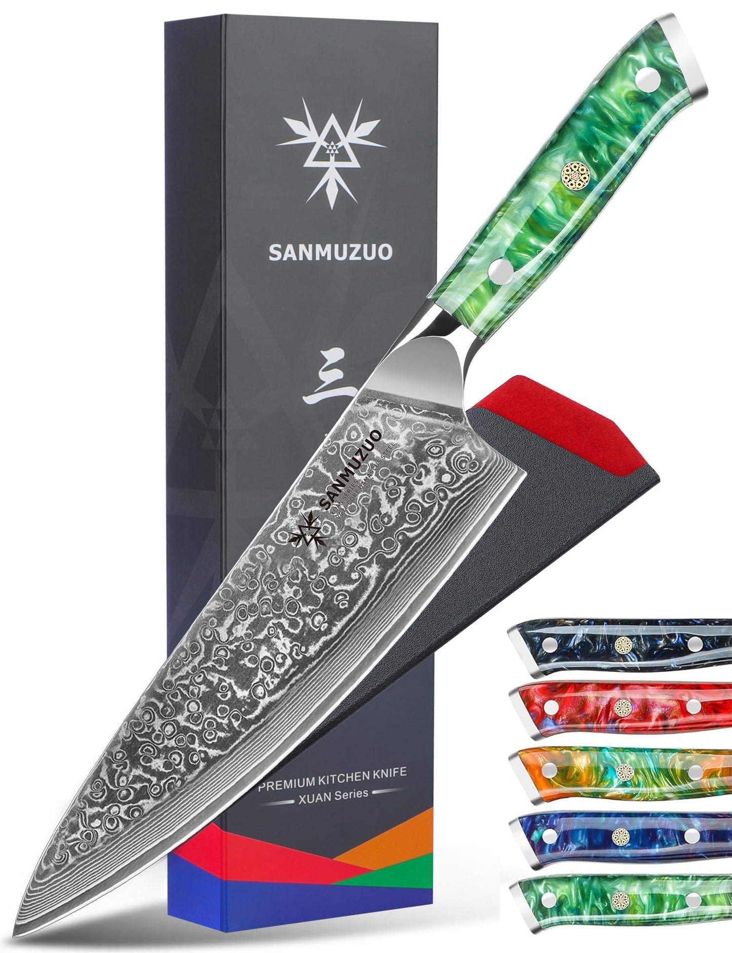 SANMUZUO Chef Knife - 8 inch - Xuan Series - VG10 Damascus Steel Kitchen Knife - Resin Handle (Jade Green)