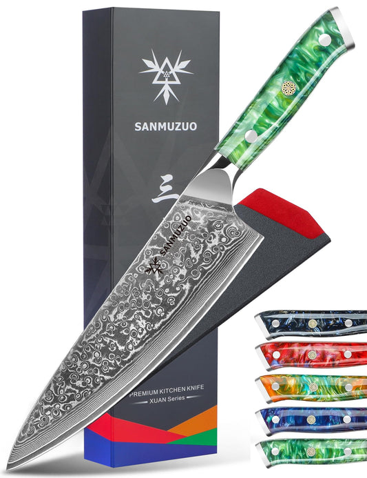 SANMUZUO Chef Knife - 8 inch - Xuan Series - VG10 Damascus Steel Kitchen Knife - Resin Handle (Jade Green)
