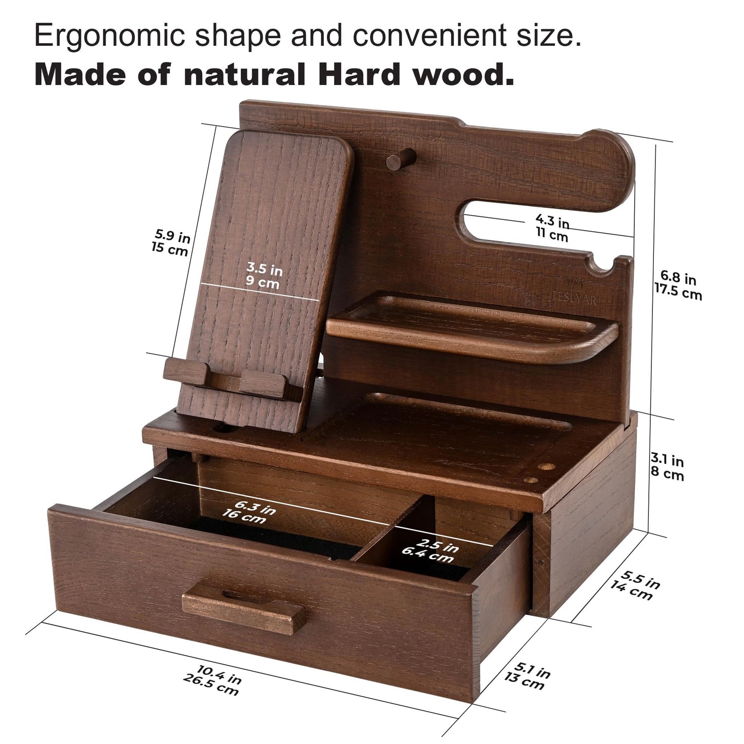 TESLYAR Wood Phone Docking Station with Drawer - Nightstand Organizer - Desk Organizer for Husband - Birthday Gifts for Men, Dad, Anniversary Idea, Key Holder Stand Watch & Accessories (Antique Brown)