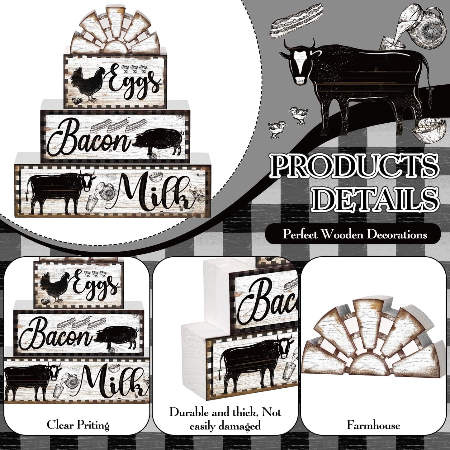 Jetec 4 Pcs Farmhouse Kitchen Decor Wooden Tiered Tray Decor Cow Rooster Pig Rustic Bathroom Signs Decorative Faux Stacked Table Centerpiece Block Sign for Home Living Kitchen Dining Room Shelf