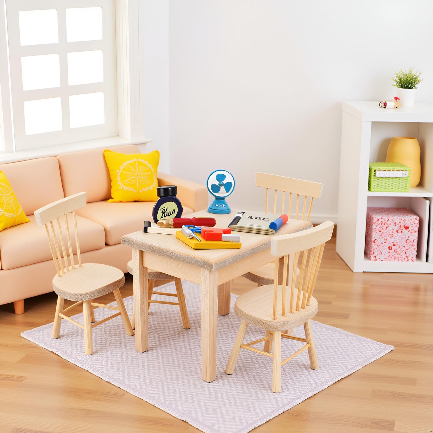 Nicunom Dollhouse Dining Room Furniture Set, 1/12 Scale Miniature Table and 4 Chairs, Wooden Doll House Accessories