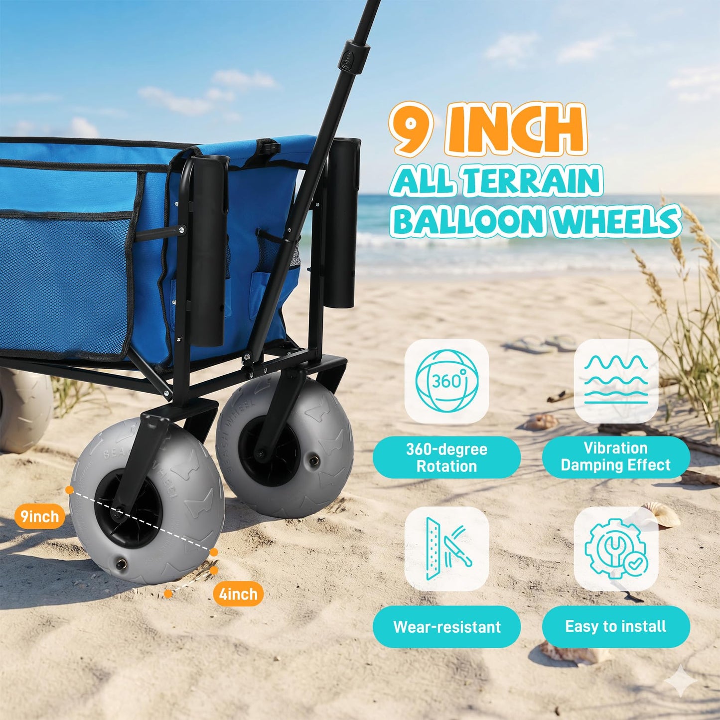 Fishing Cart with Big Wheels for Sand, 9" All-Terrain Wheels, Beach Wagon for Sand, Equipped with a Rod Holder and Side Pockets for All Your Fishing, Camping or Beach Supplies, Blue & White