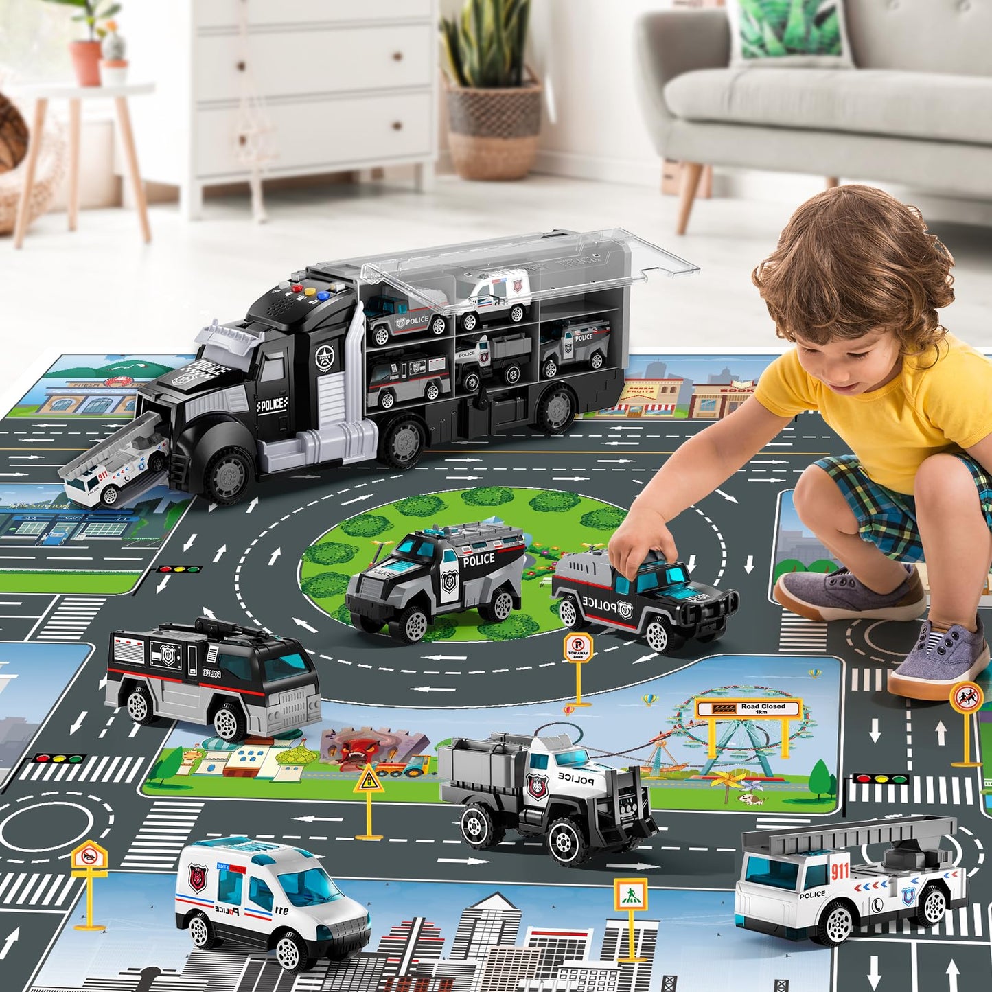 NIPLOOOW Police Trucks Toy Set with Play Mat, Carrier Truck Play Vehicles Set for 3 4 5 6 Years Old Boys Kids, Die-Cast Car Toy for Toddlers 3-4 Years, Birthday Gifts Toys for 3-9 Year Old Boys